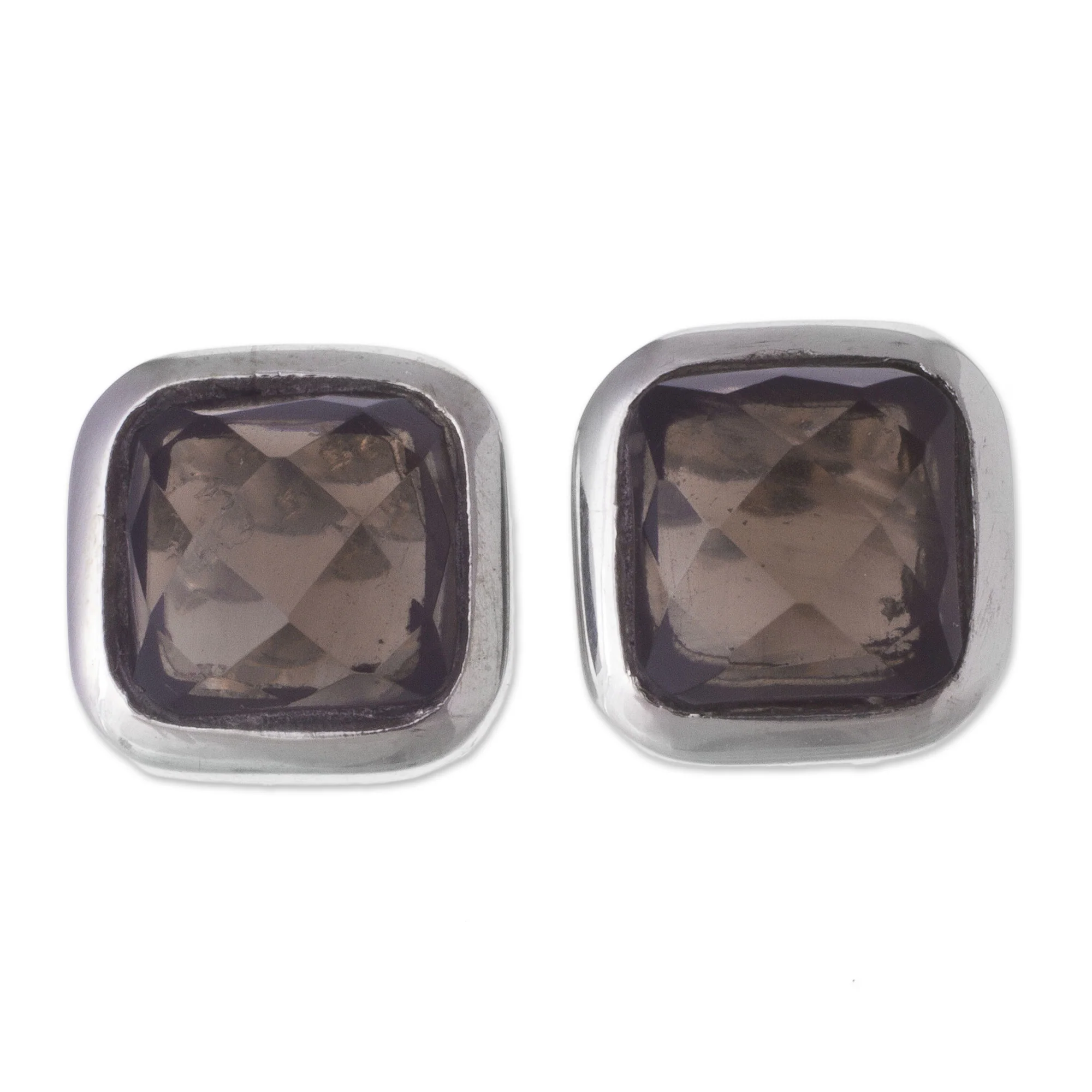 Square Treasures Square Smoky Quartz Button Earrings from Peru - Image 2