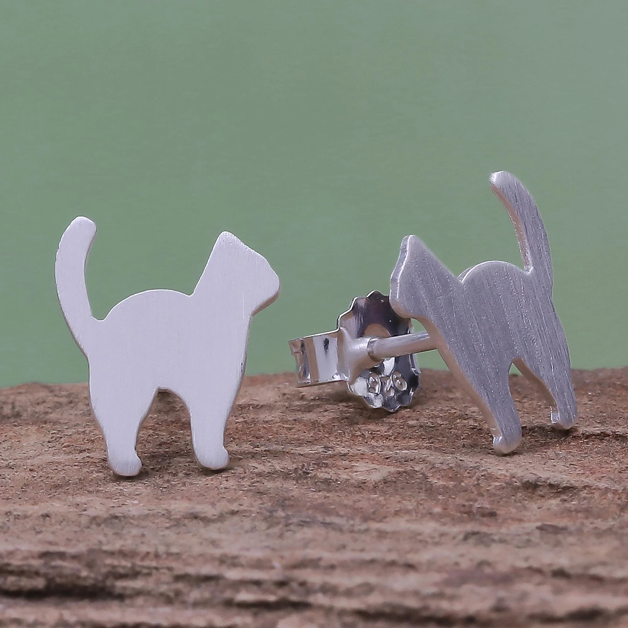 Standing Cat Brushed-Satin Sterling Silver Cat Stud Earrings - Image 3