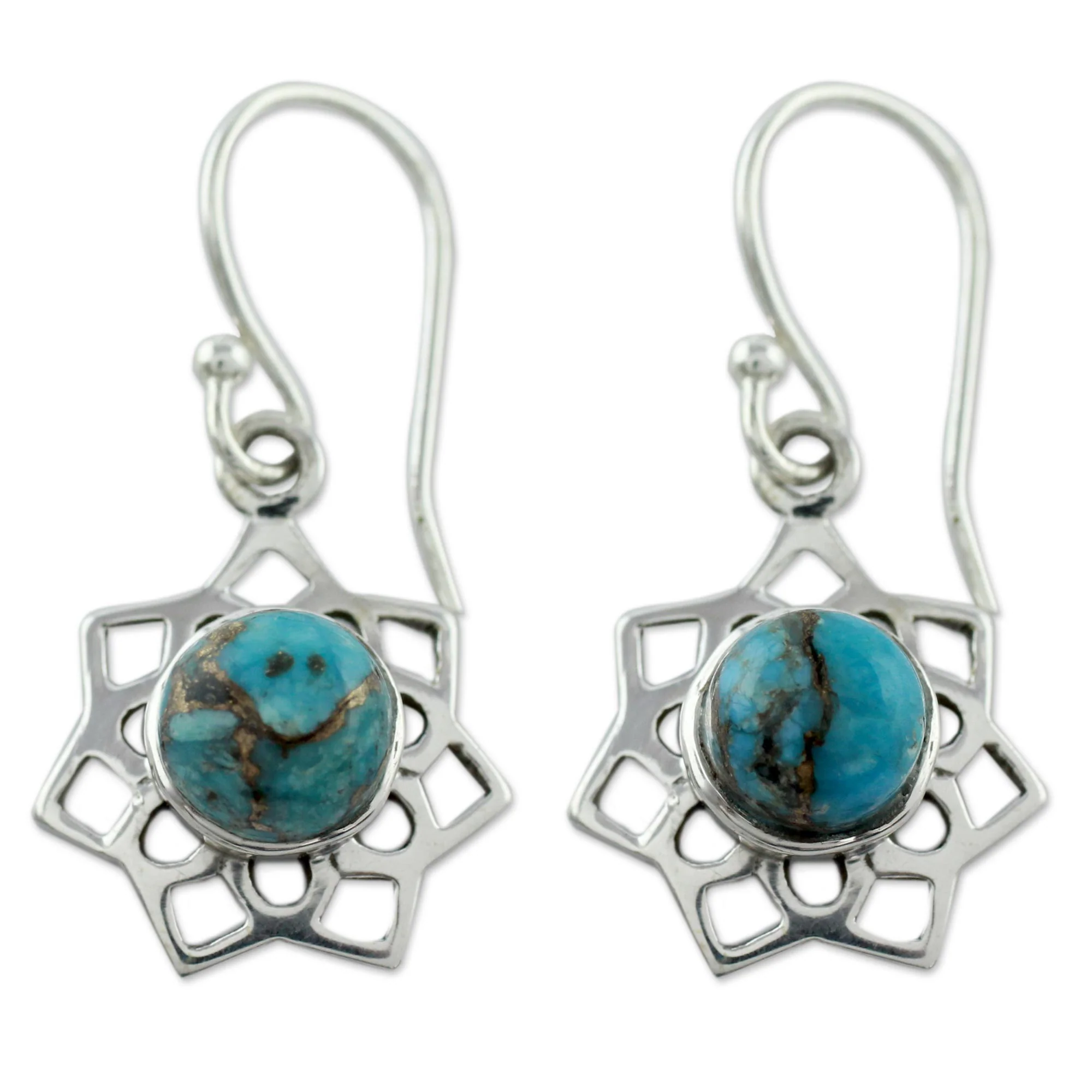 Star of Gujurat Turquoise Color Earrings Hand Crafted in Sterling Silver - Image 2