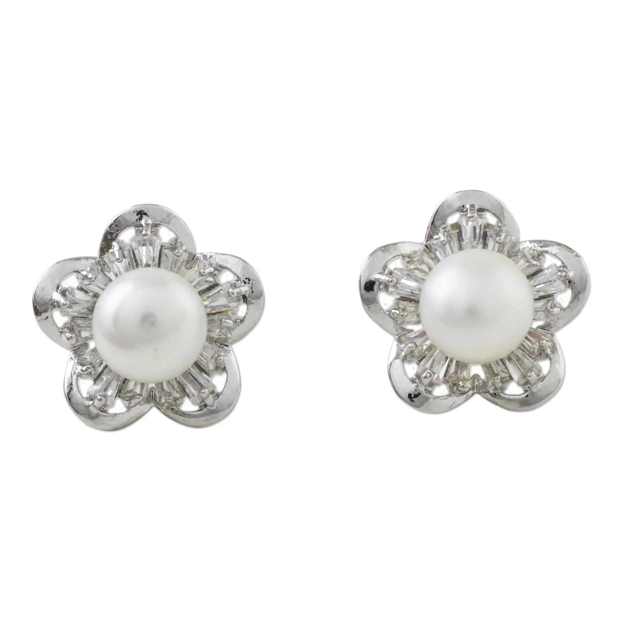 Starflower of the Sea Cultured Pearl Rhodium-Plated Brass Flower Button Earrings - Image 2