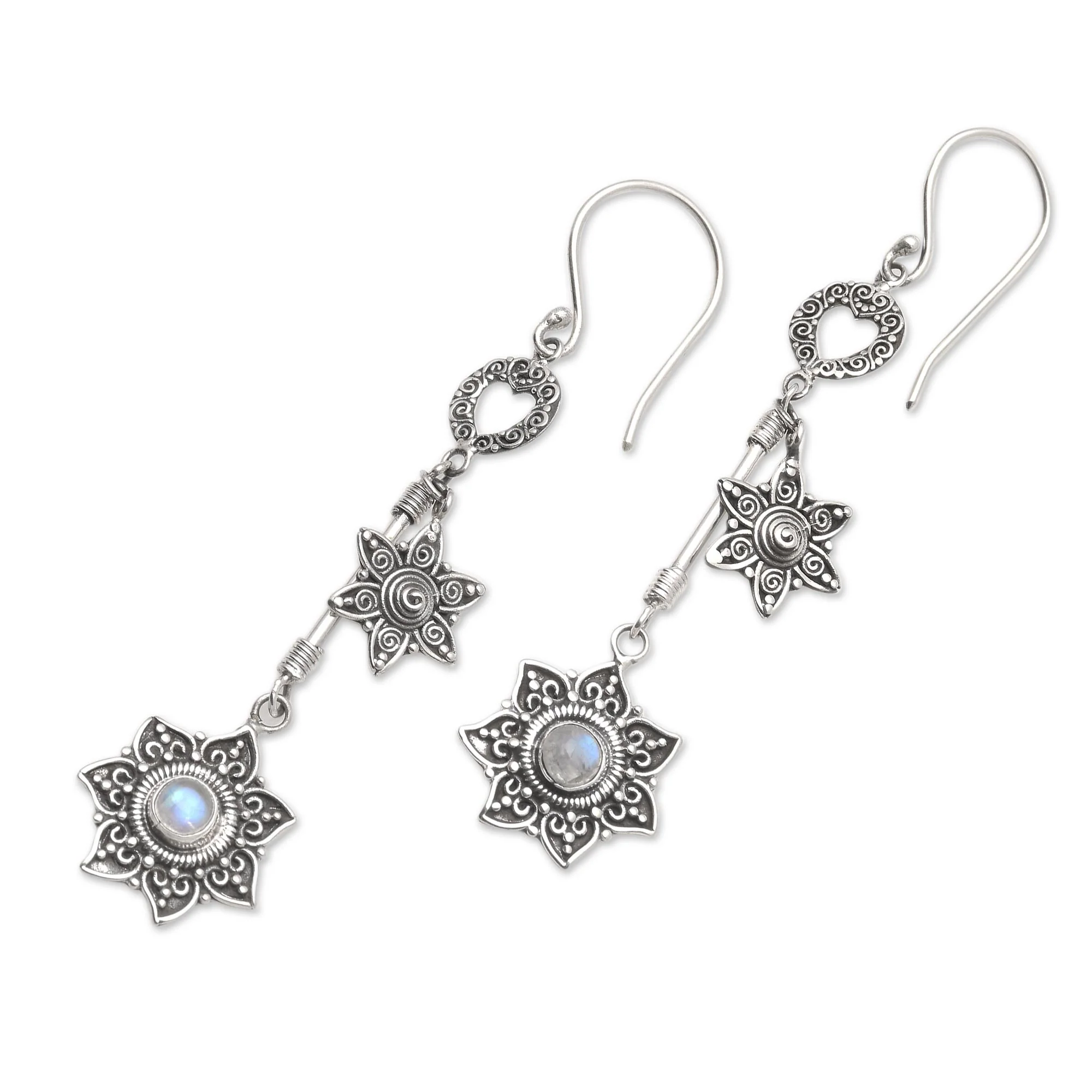 Starflowers Sterling and Rainbow Moonstone Dangle Earrings - Image 3