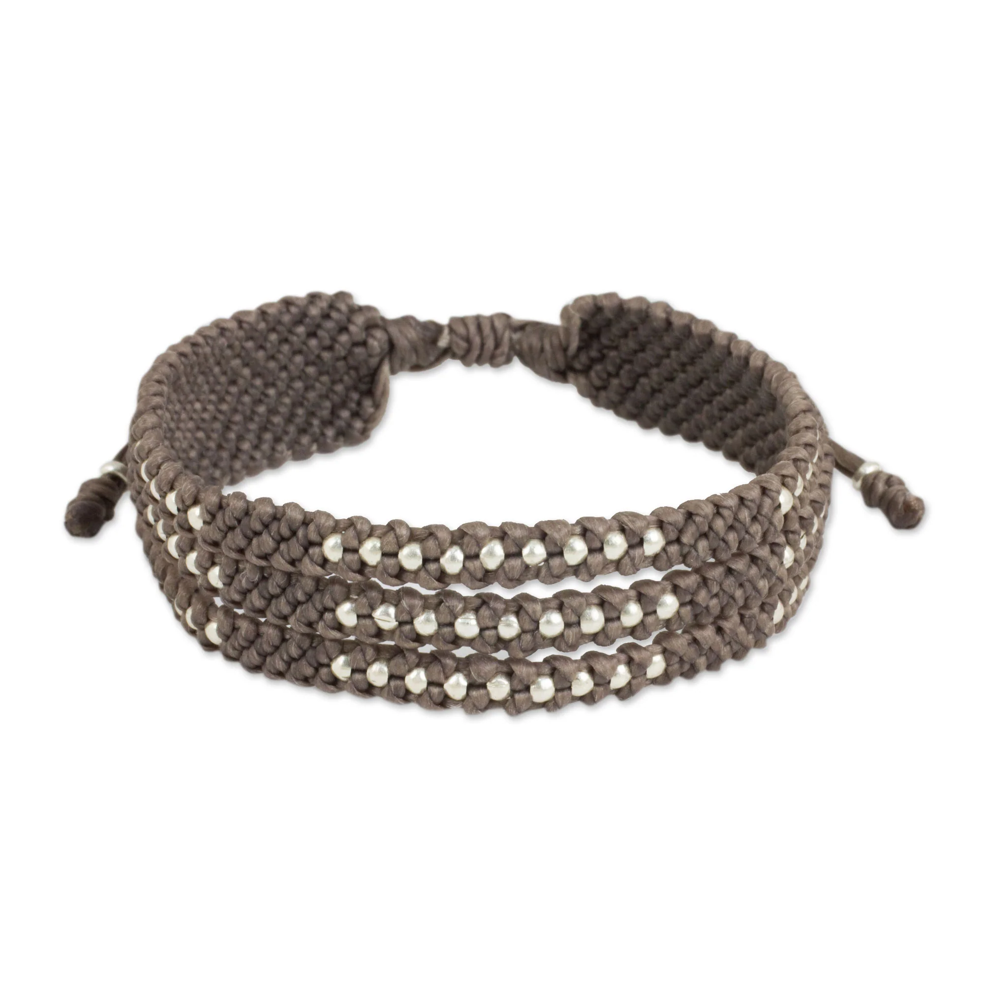 Starlight and Khaki Wristband Bracelet in Macrame with Silver 950 Beads - Image 2