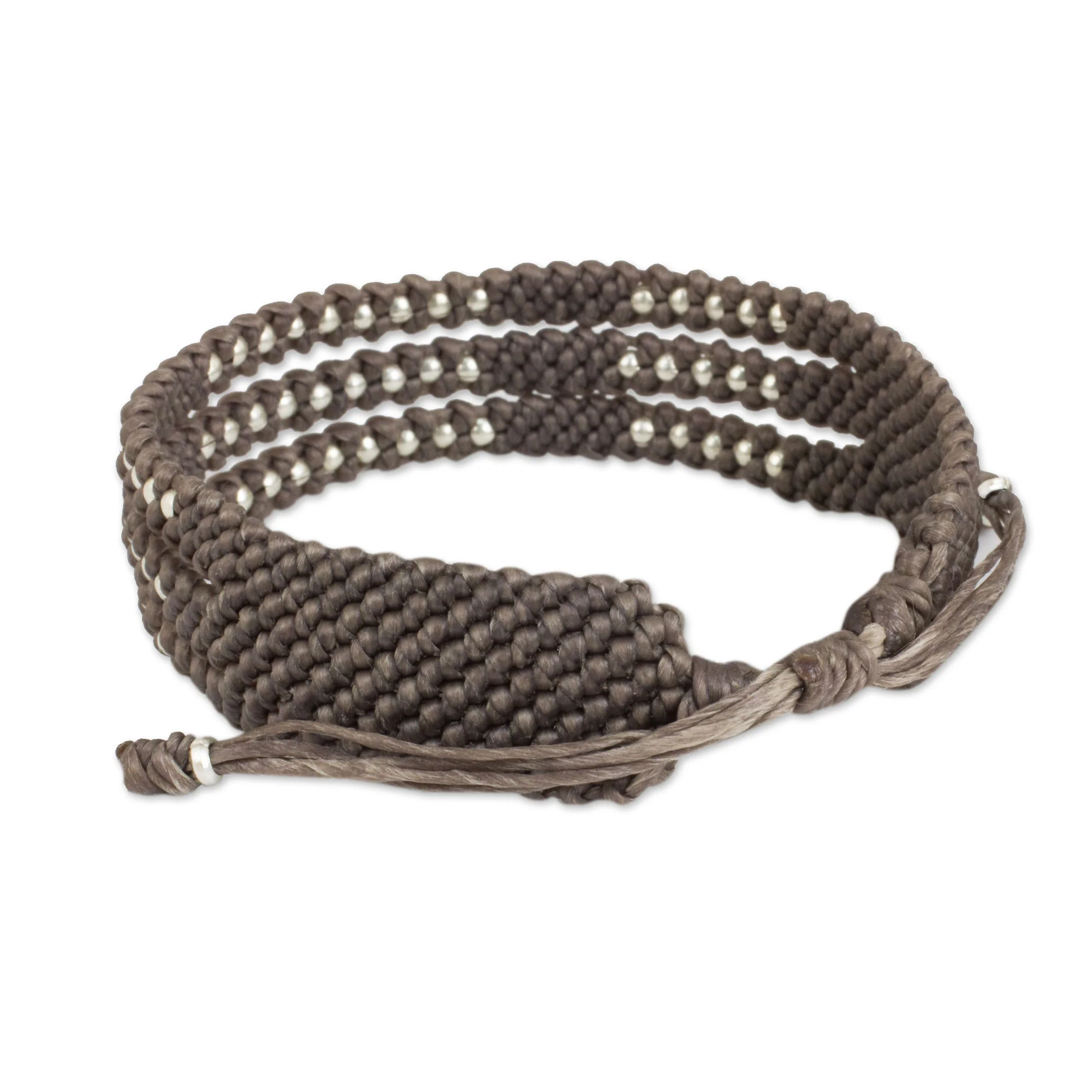 Starlight and Khaki Wristband Bracelet in Macrame with Silver 950 Beads - Image 3