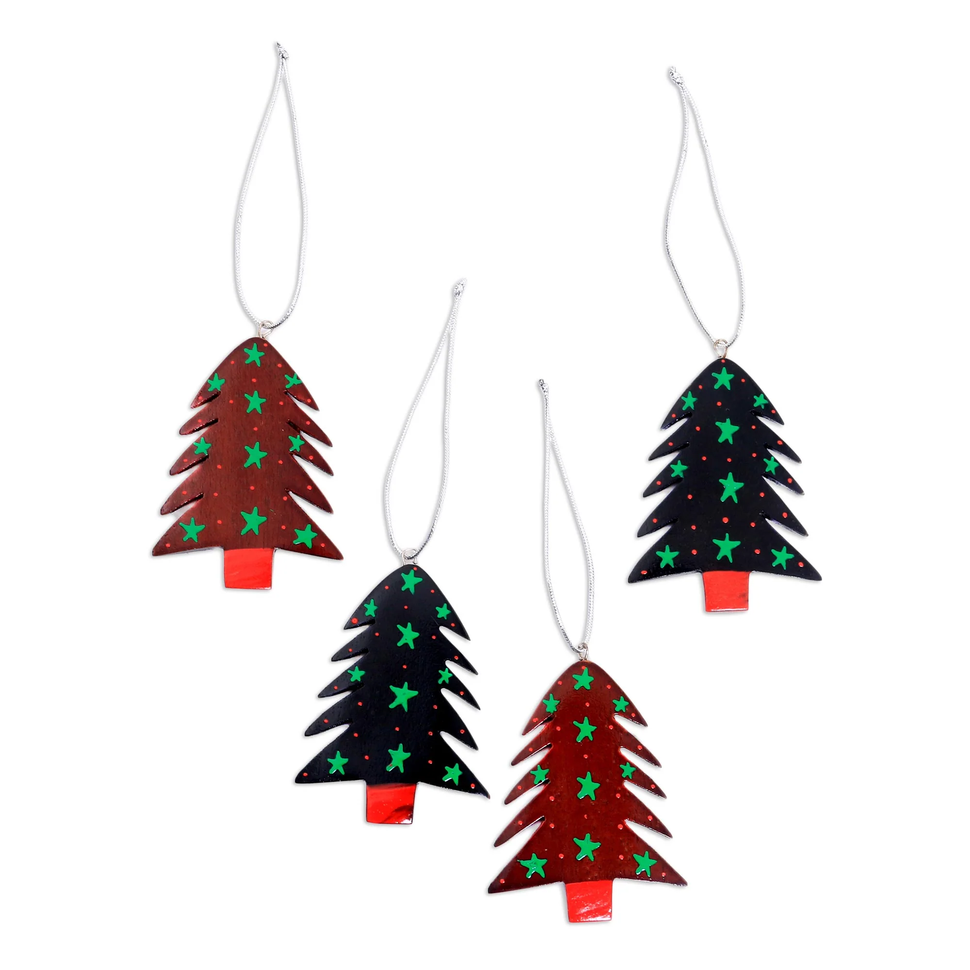 Starlit Tree Mahogany Wood Hand Painted Tree Ornaments (Set of 4) - Image 2