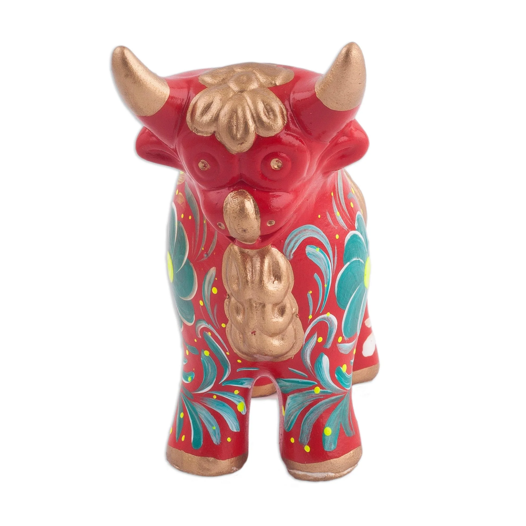 Steadfast Pucara Bull in Red Red Ceramic Bull Sculpture with Floral Designs from Peru - Image 5