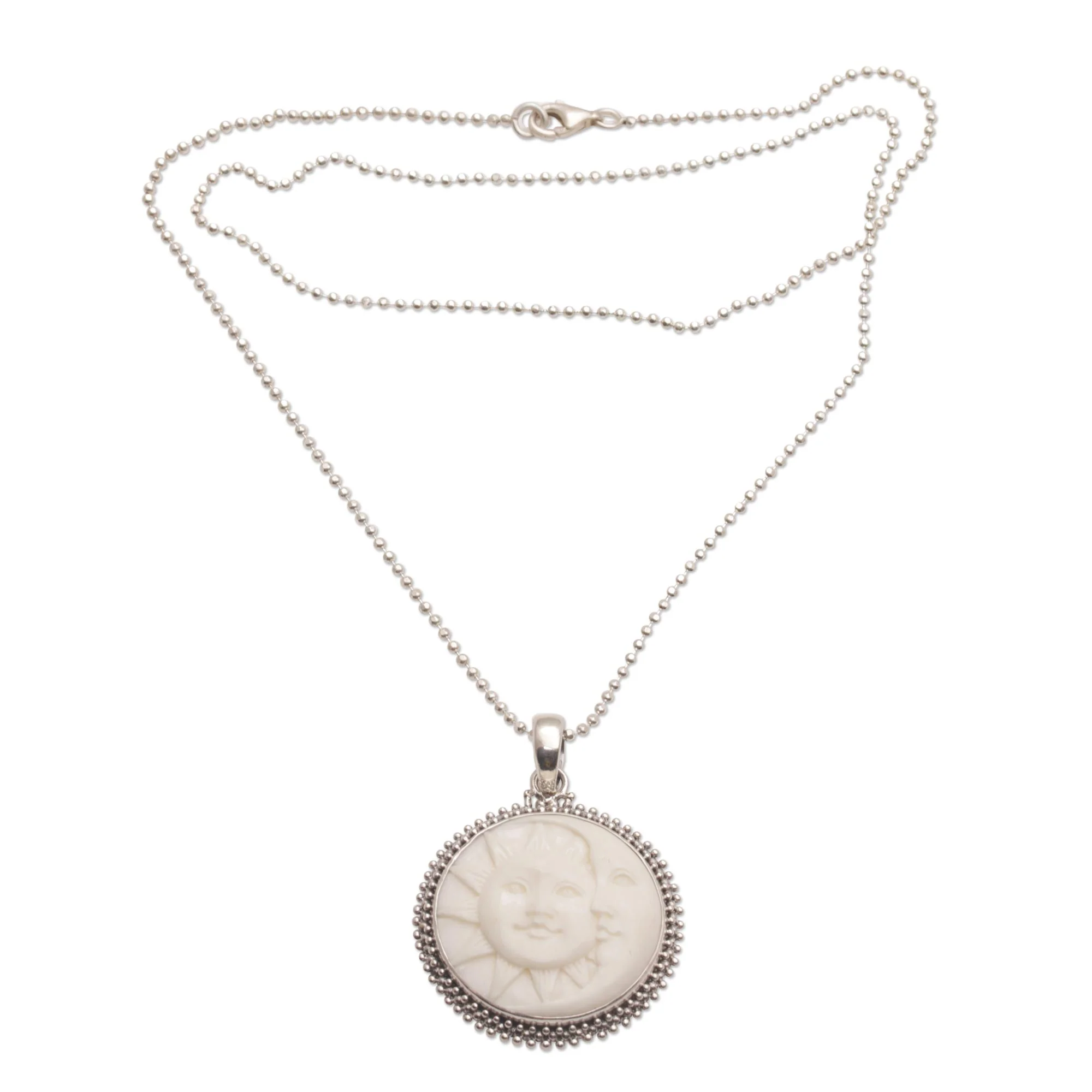 Stellar Lovers Sterling Silver and Bone Sun and Moon Necklace from Bali - Image 2