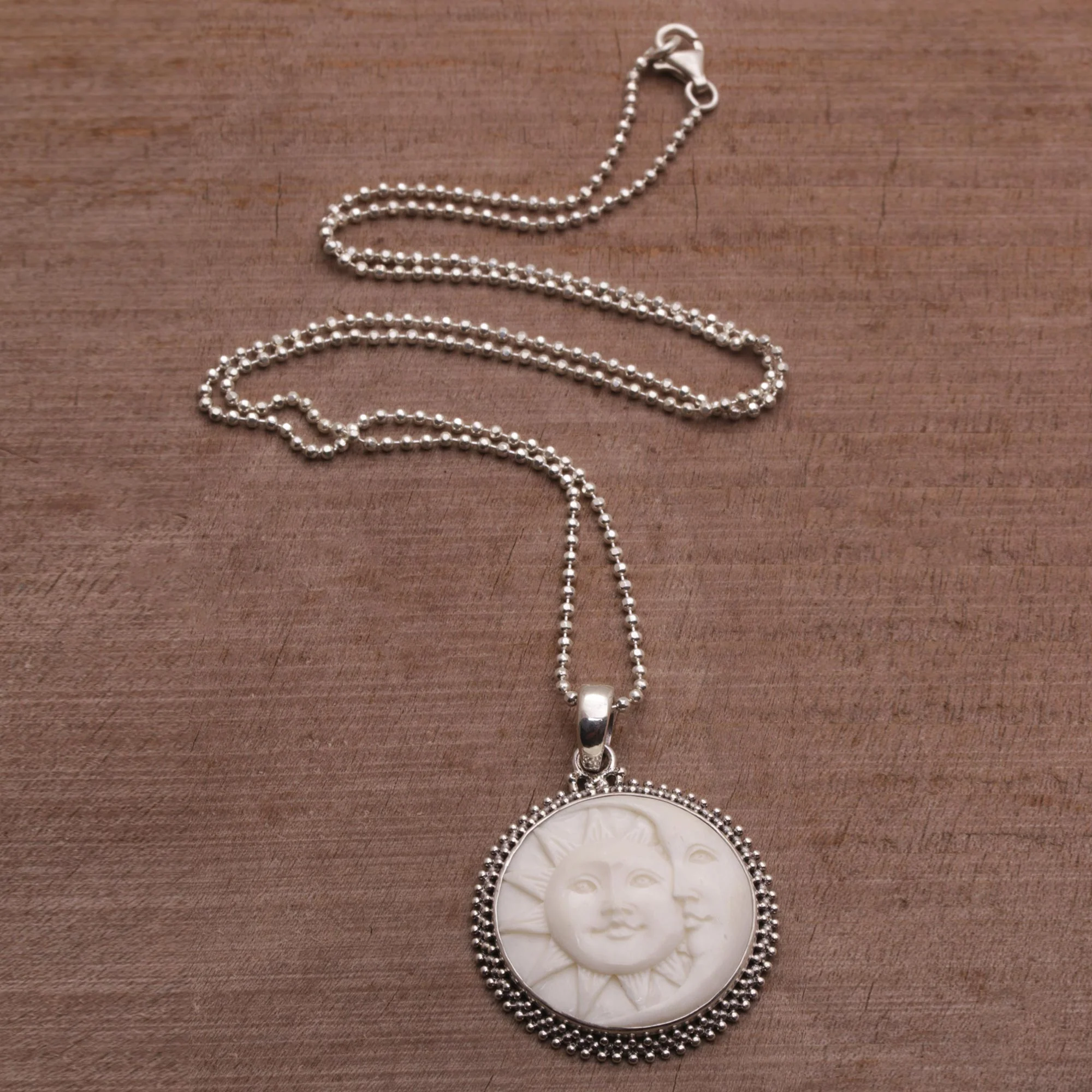 Stellar Lovers Sterling Silver and Bone Sun and Moon Necklace from Bali - Image 3