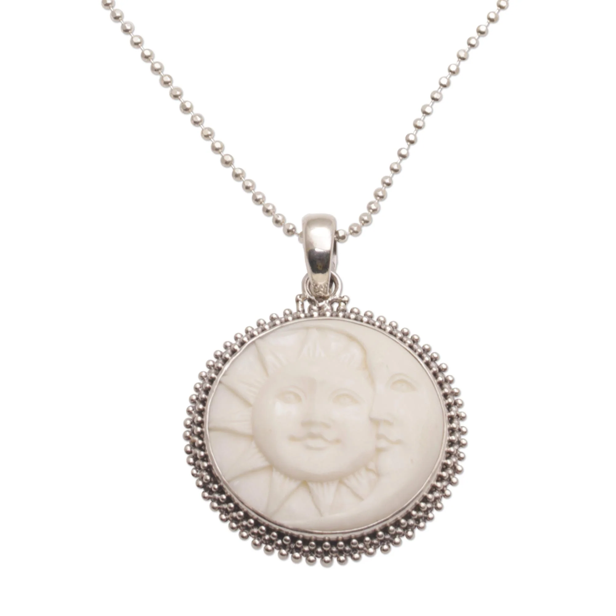 Stellar Lovers Sterling Silver and Bone Sun and Moon Necklace from Bali - Image 4