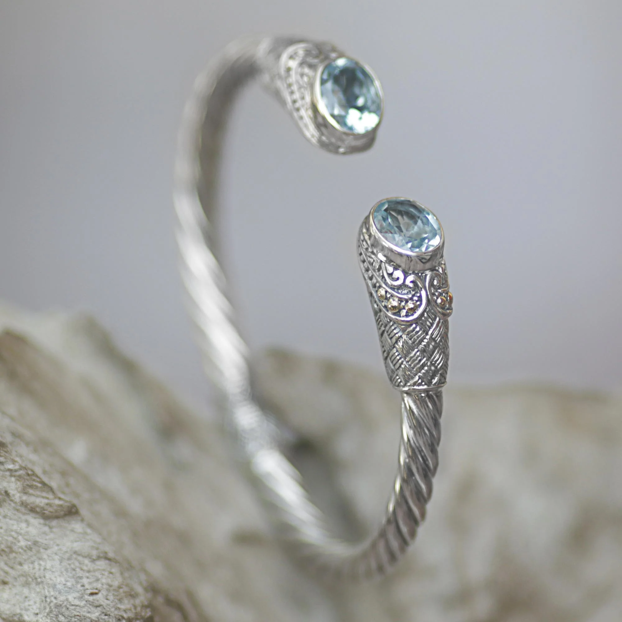 Sterling Rope Blue Topaz Sterling Silver Cuff Bracelet from Indonesia - Image 3