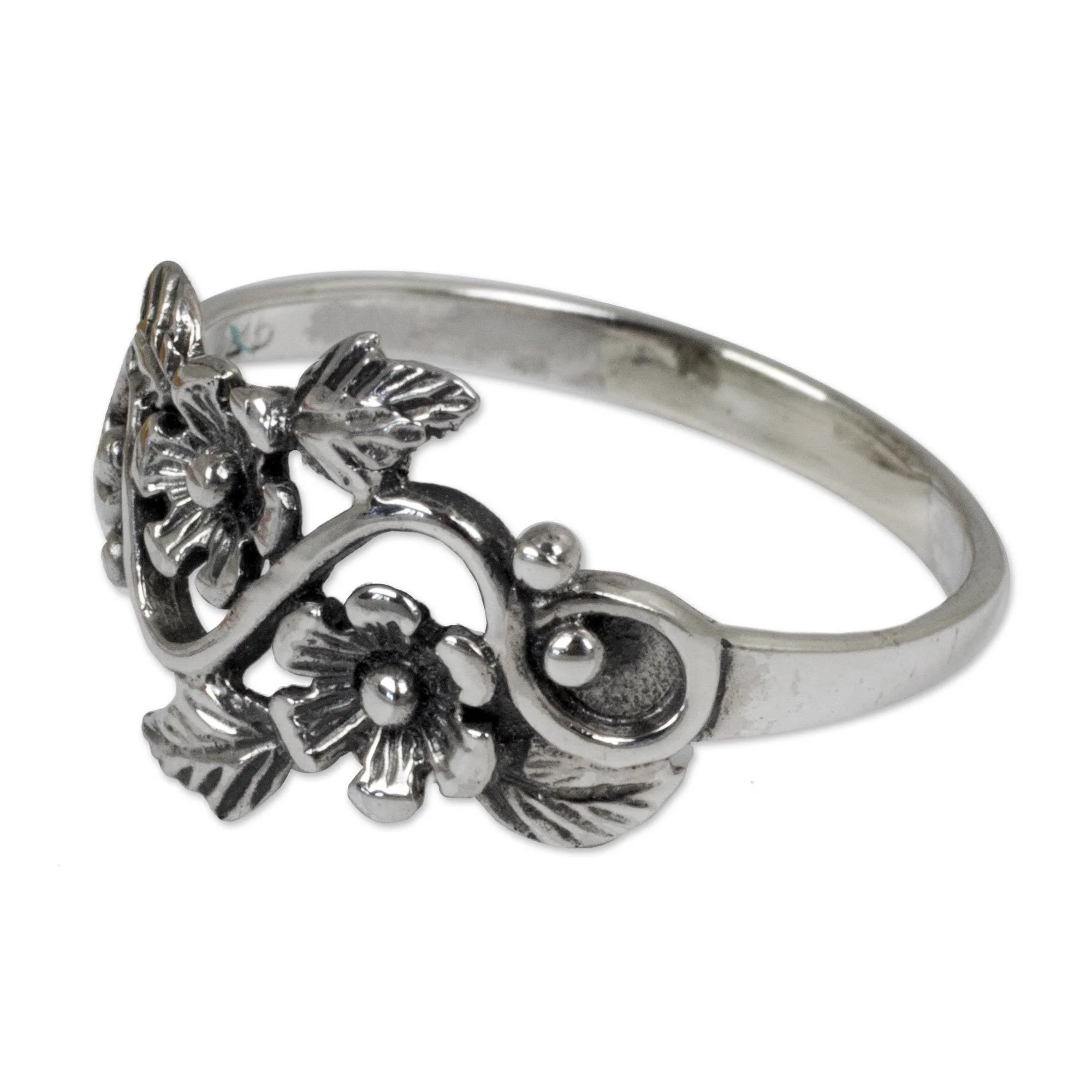 Sterling Silver Flower and Leaf Band Ring - Image 3