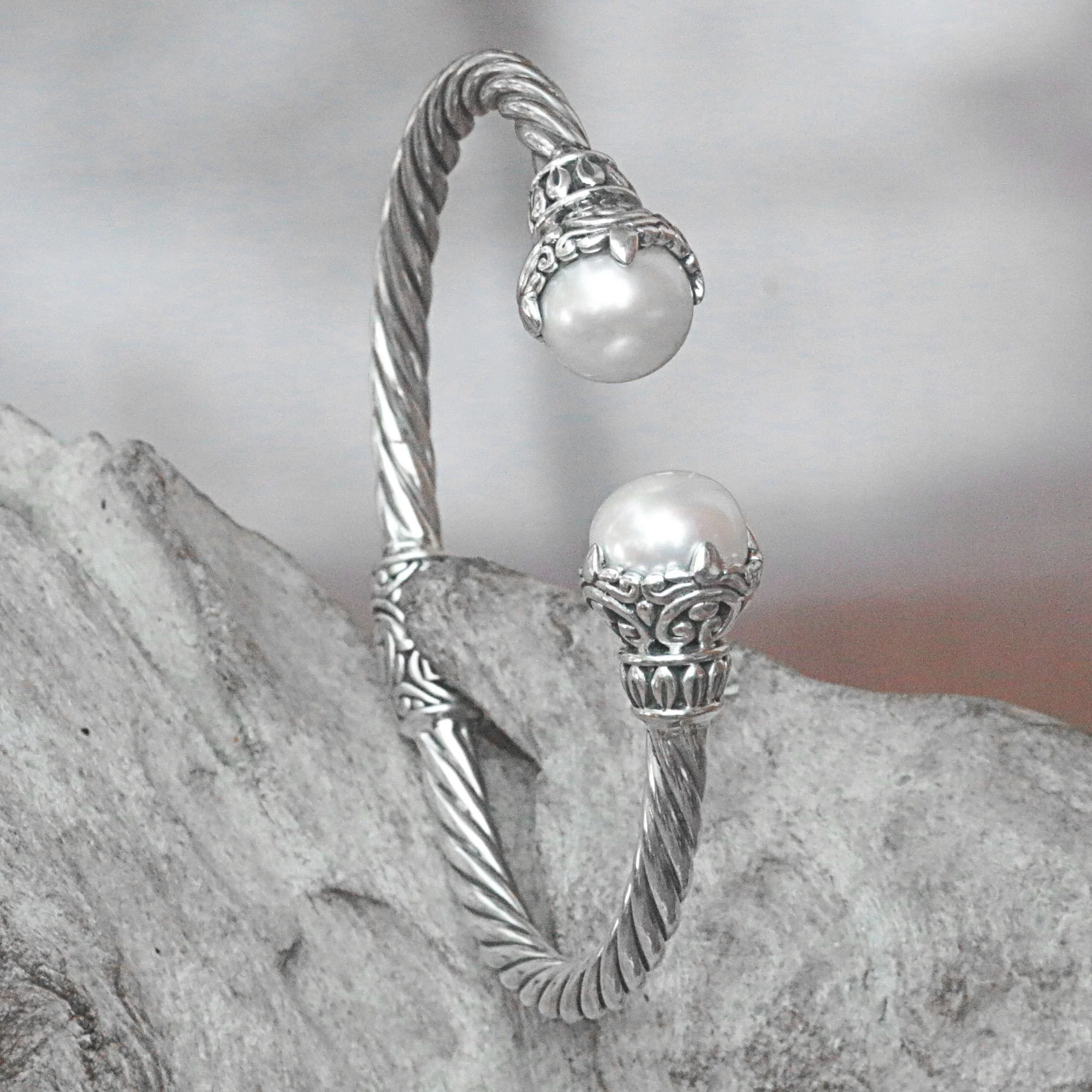 Sterling Silver Rope & Pearl Cuff Bracelet - Image 2