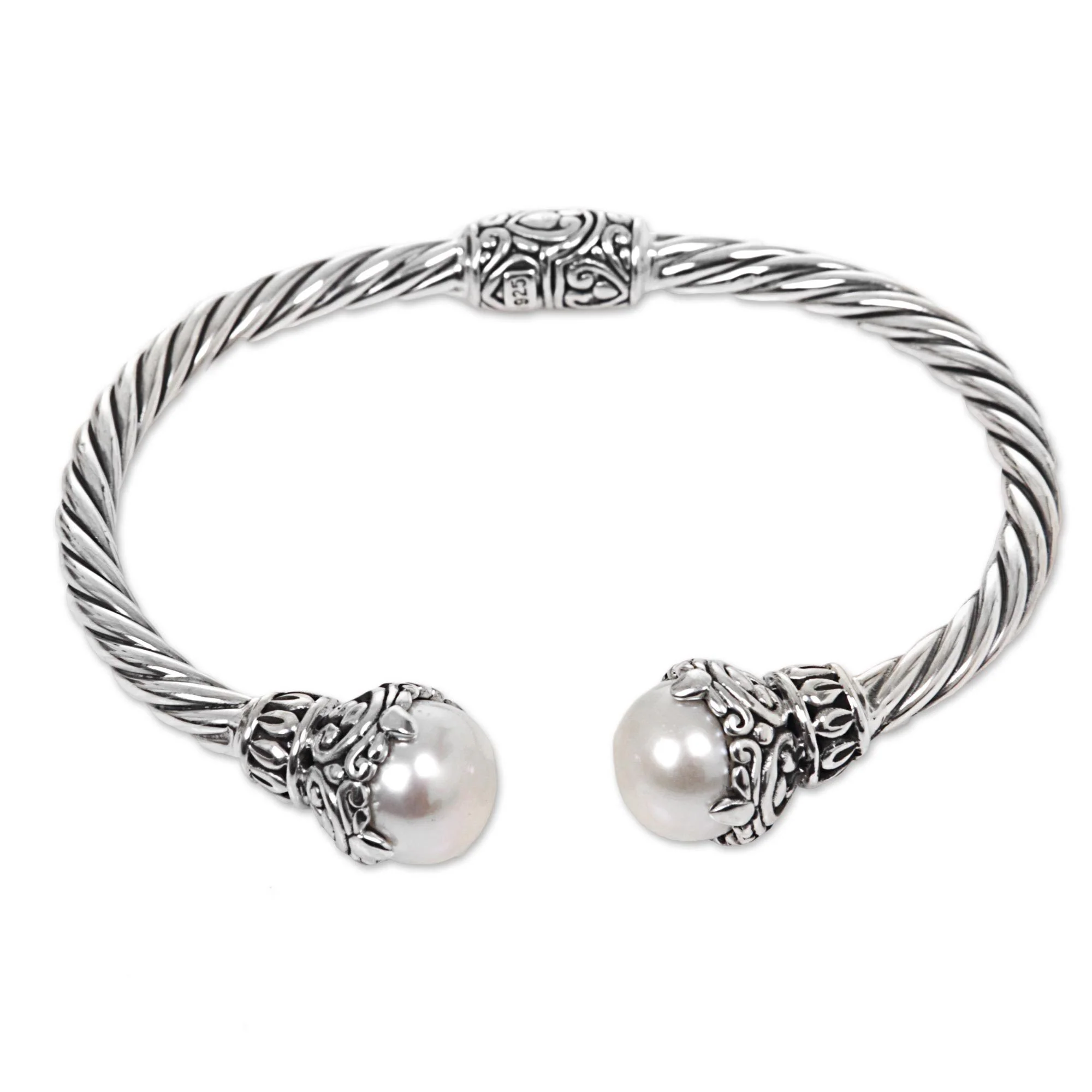 Sterling Silver Rope & Pearl Cuff Bracelet - Image 3