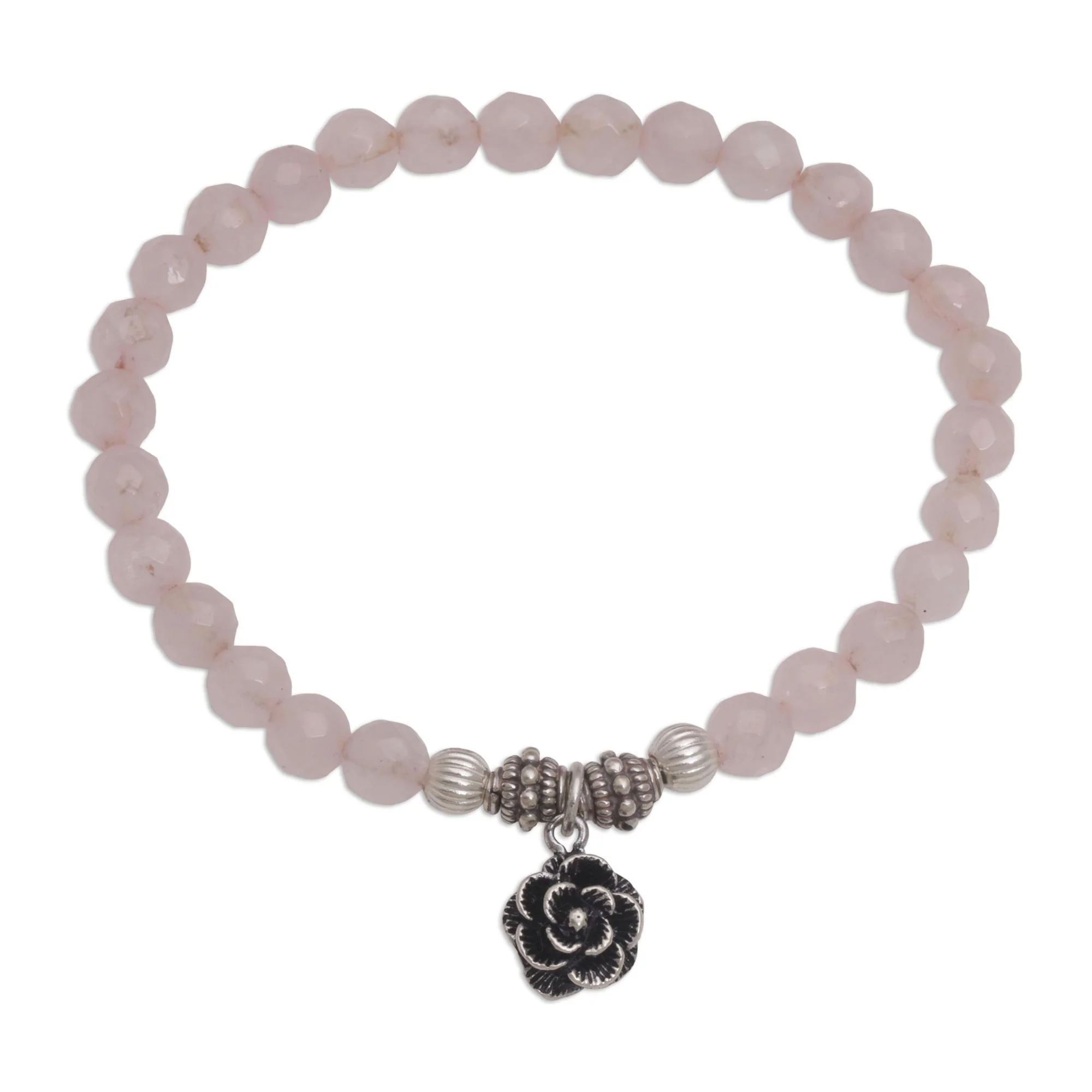 Still Rose Rose Quartz and Flower Charm Beaded Bracelet from Bali - Image 2