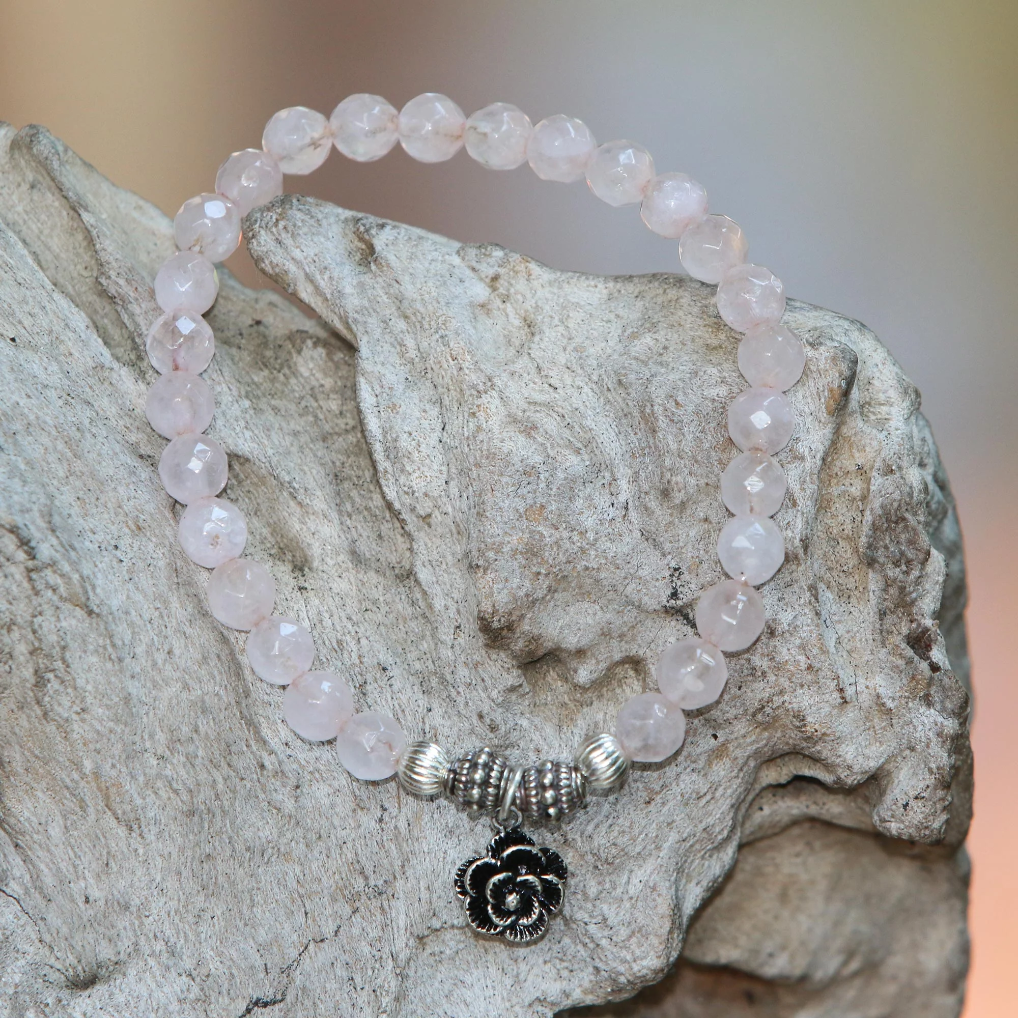 Still Rose Rose Quartz and Flower Charm Beaded Bracelet from Bali - Image 3
