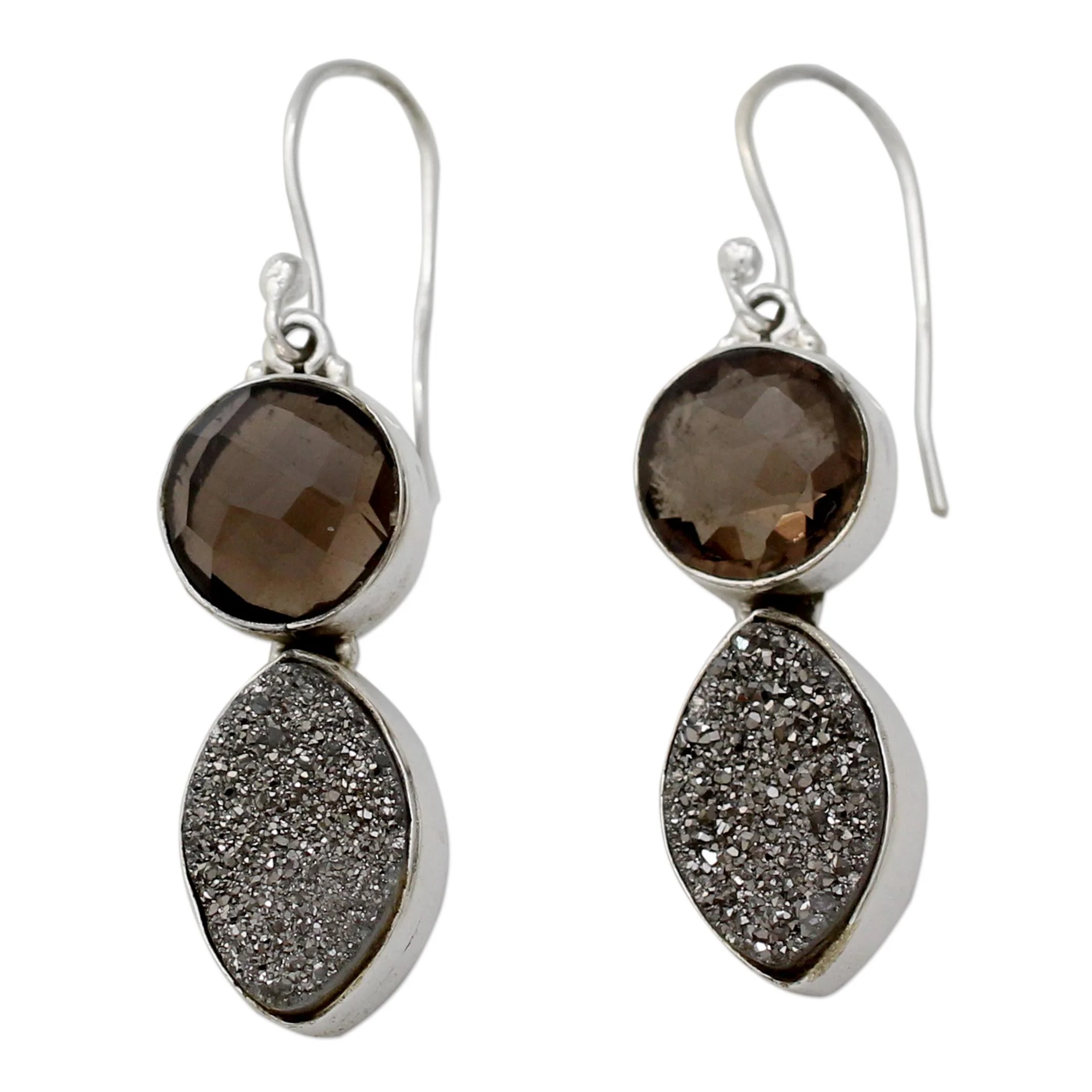 Stormy Night Sterling Silver Dangle Earrings with Drusy and Smoky Quartz - Image 2
