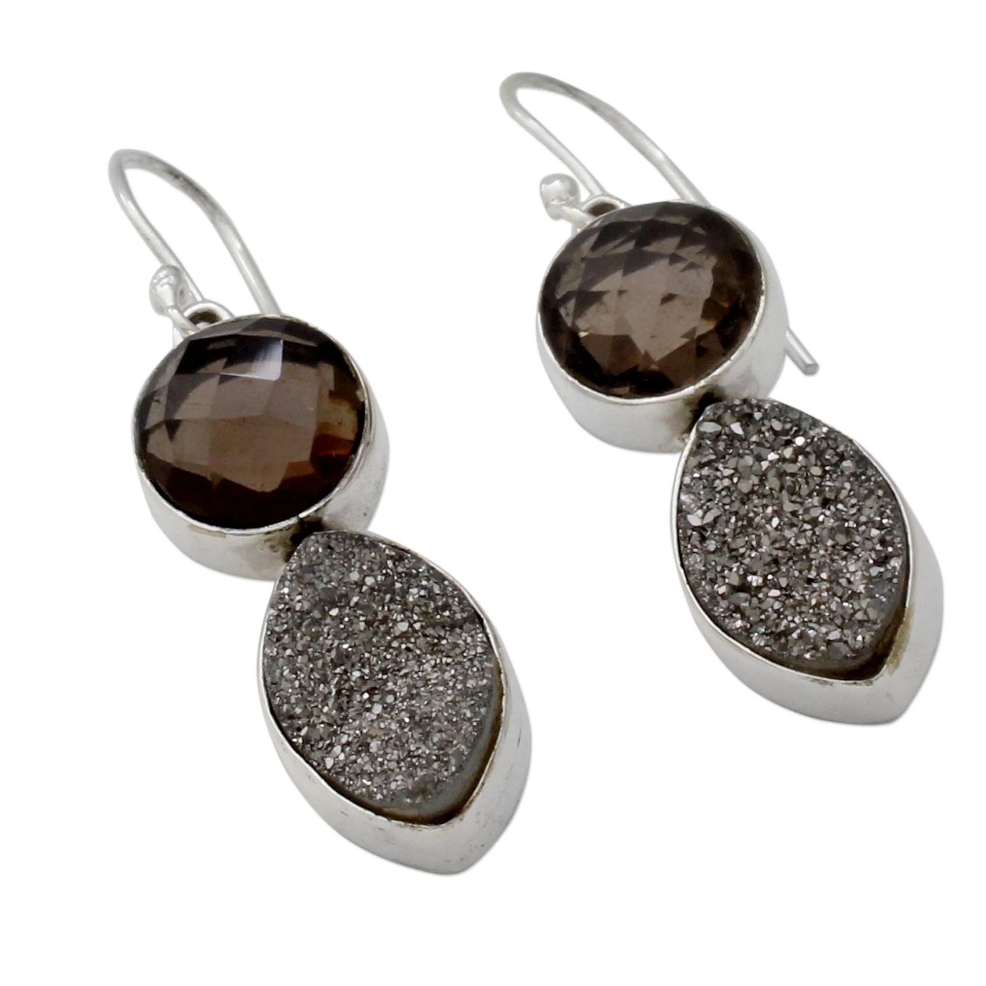 Stormy Night Sterling Silver Dangle Earrings with Drusy and Smoky Quartz - Image 3