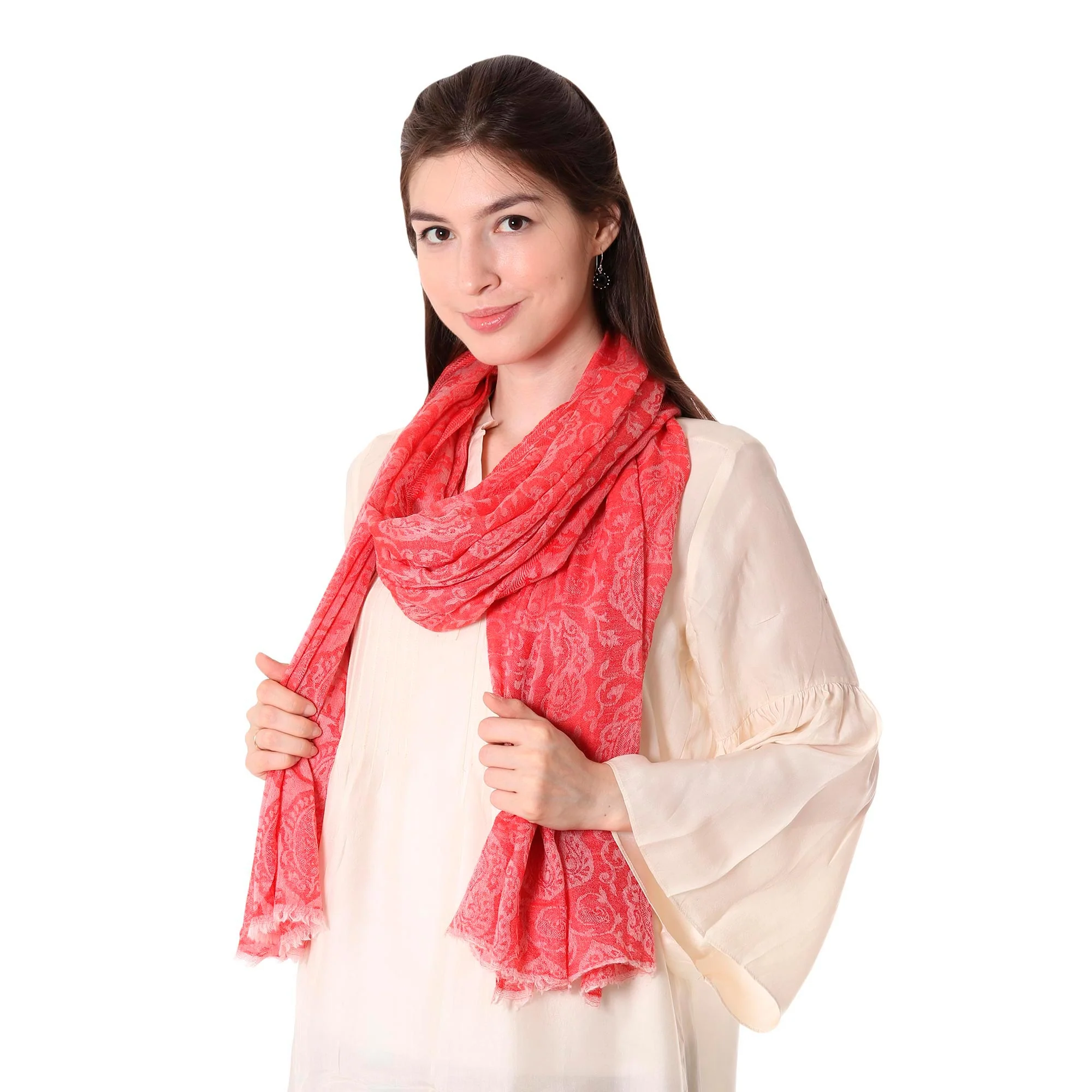 Strawberry Paisley Woven Indian Wool Shawl with Paisley Motifs in Strawberry - Image 4
