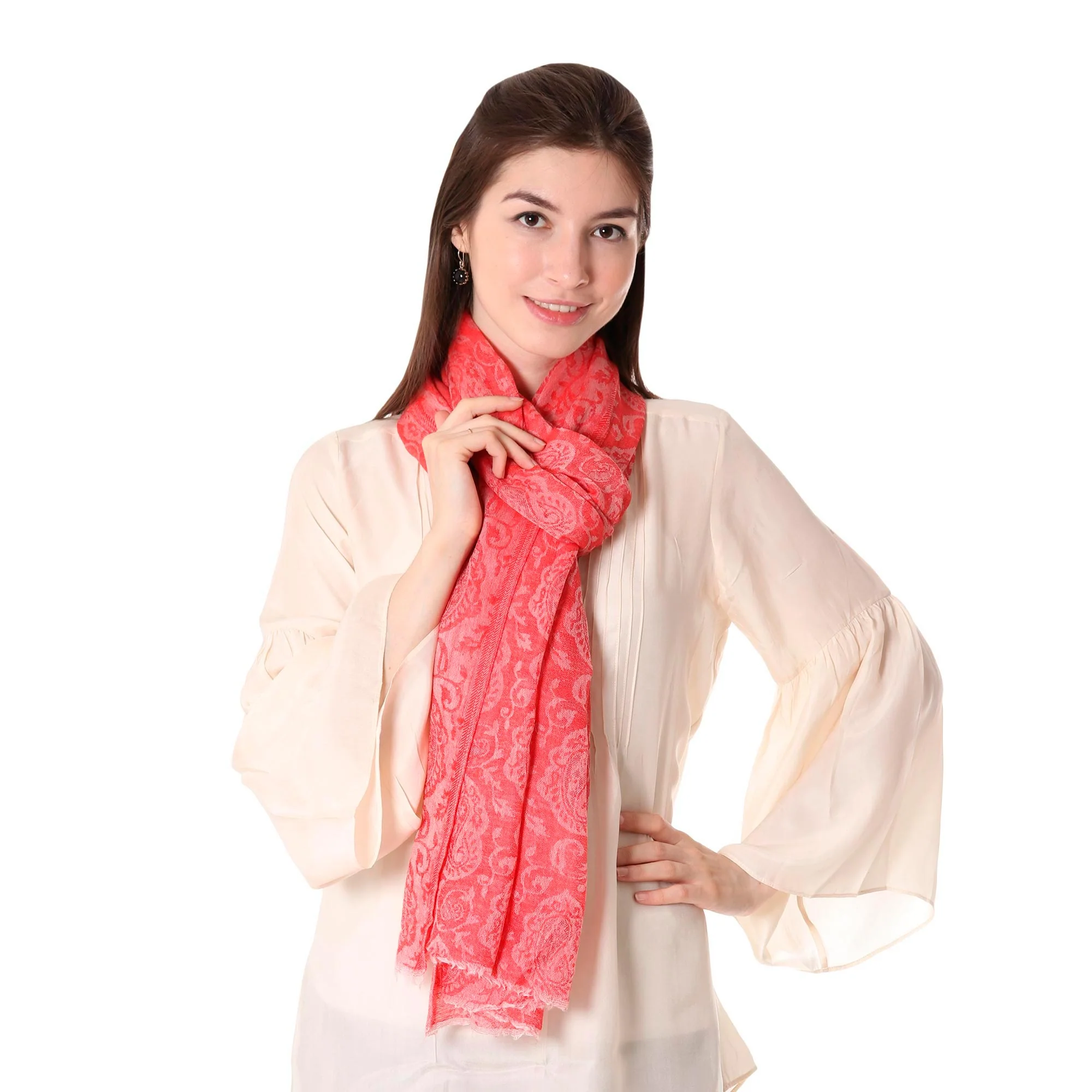 Strawberry Paisley Woven Indian Wool Shawl with Paisley Motifs in Strawberry - Image 5