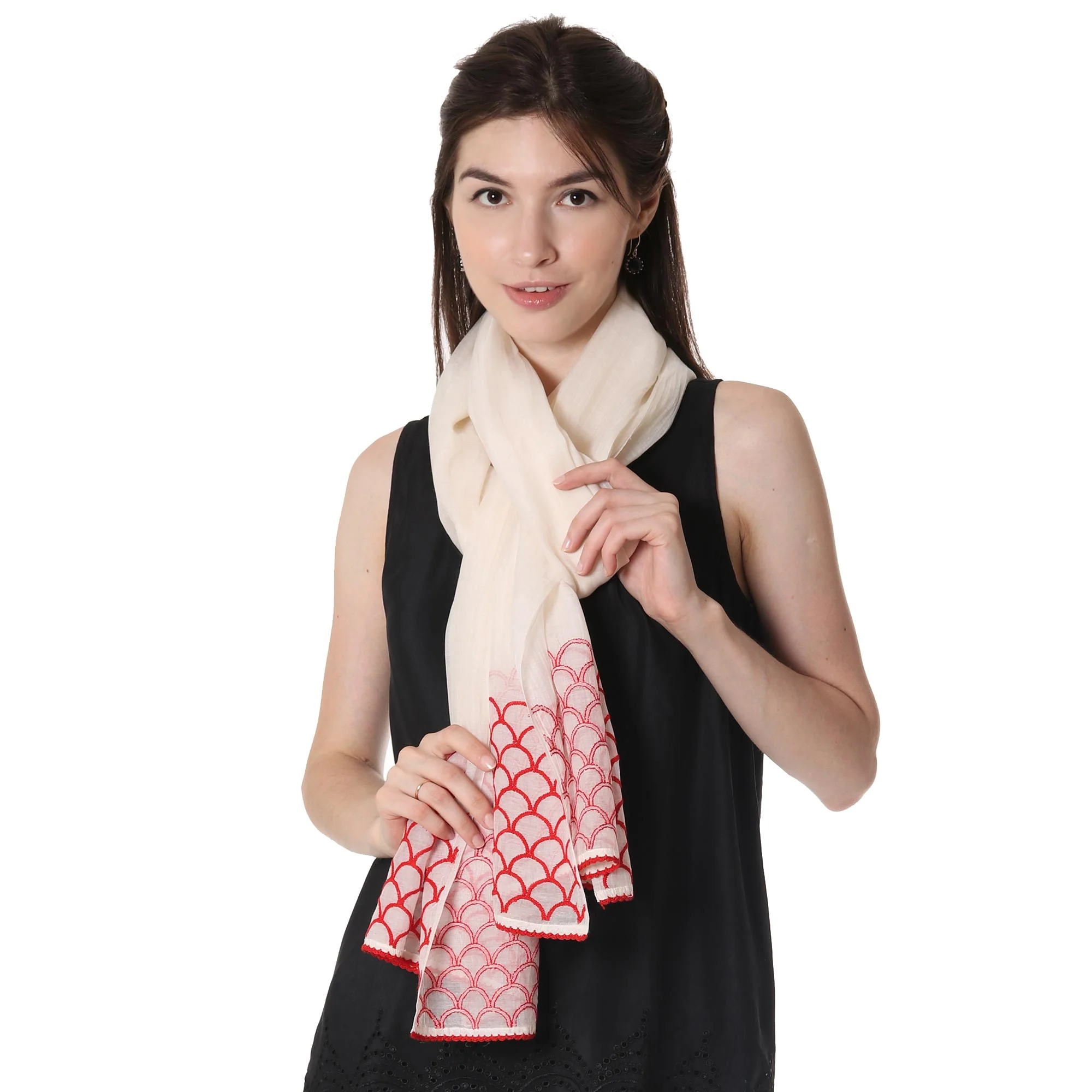 Strawberry Picnic Cotton and Silk Blend Indian Shawl in Natural and Strawberry - Image 2