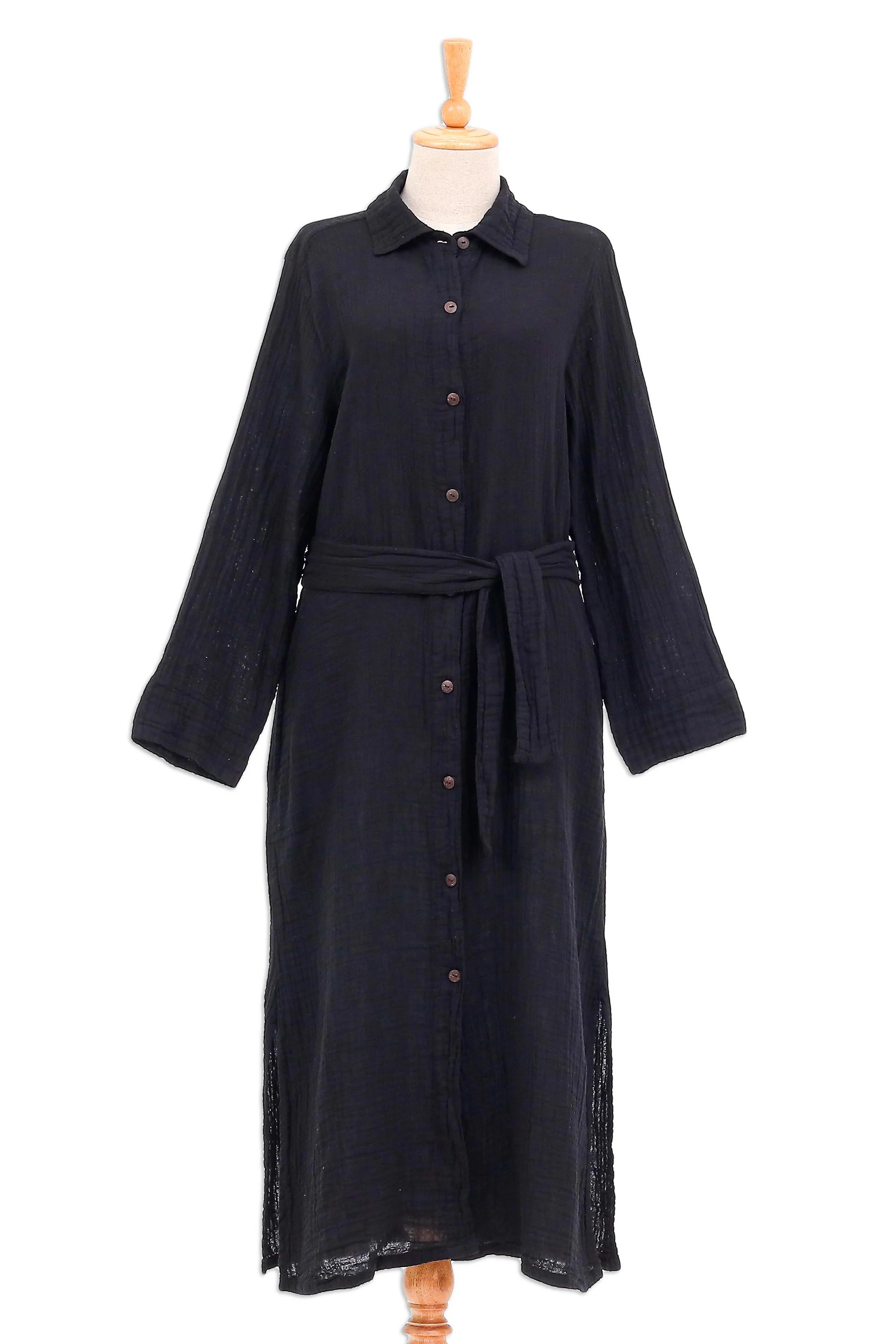 Street Smarts in Black Black Belted Cotton Shirtwaist Dress from Thailand - Image 2
