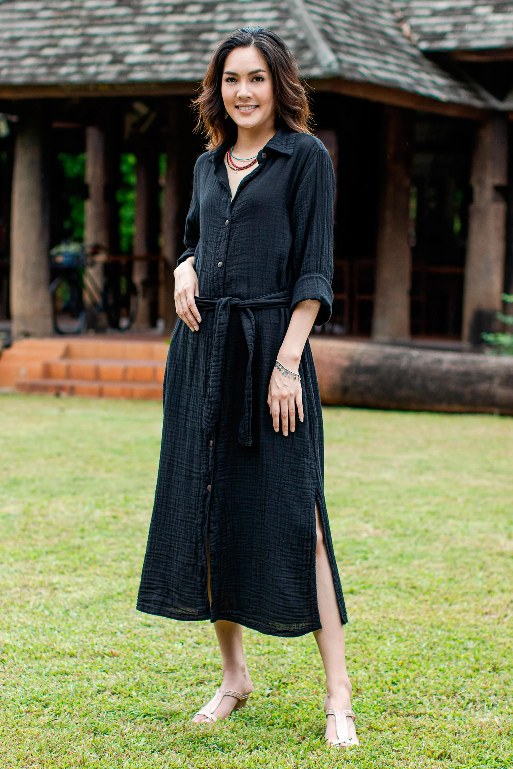 Street Smarts in Black Black Belted Cotton Shirtwaist Dress from Thailand - Image 3