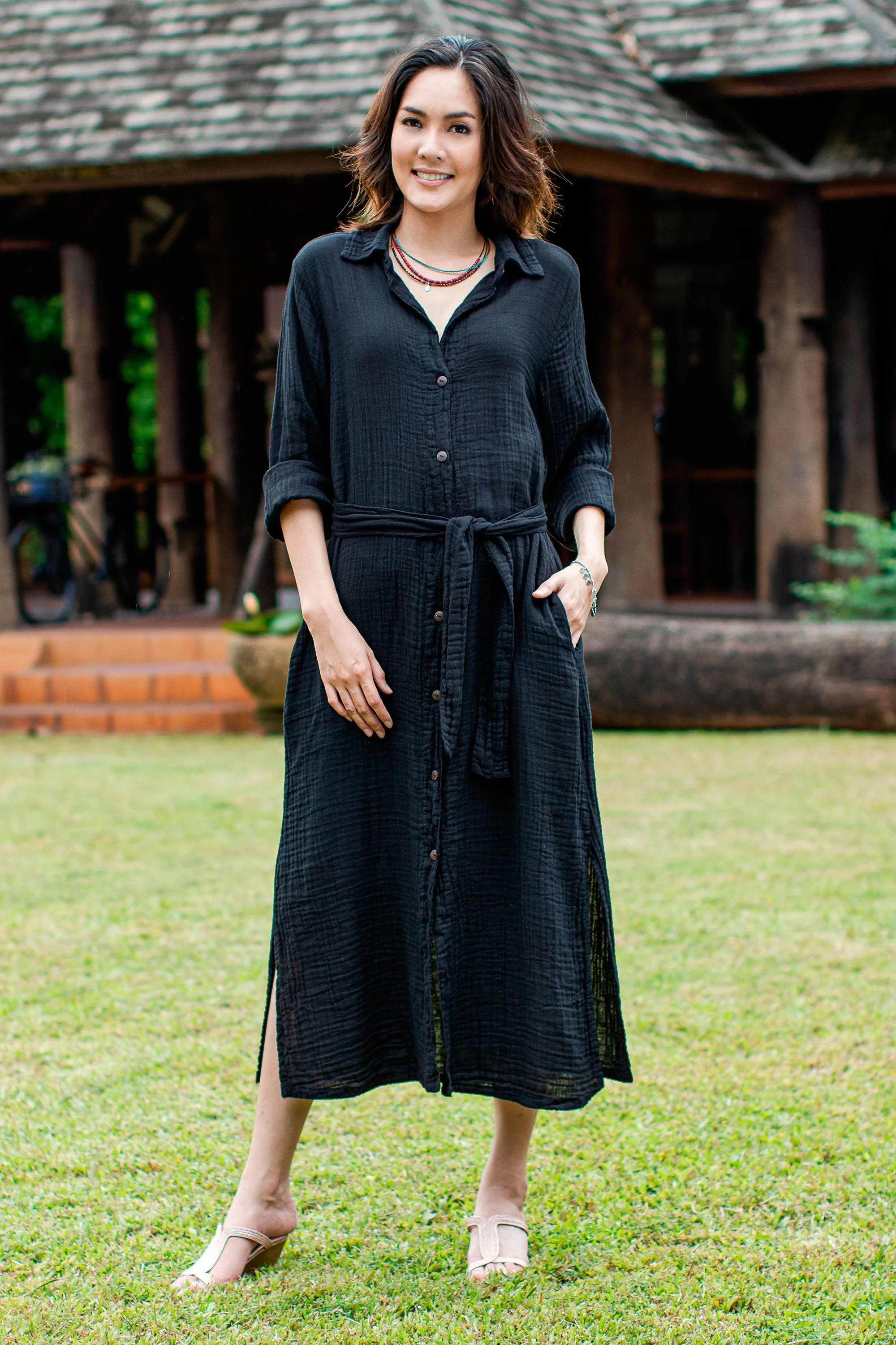 Street Smarts in Black Black Belted Cotton Shirtwaist Dress from Thailand - Image 4
