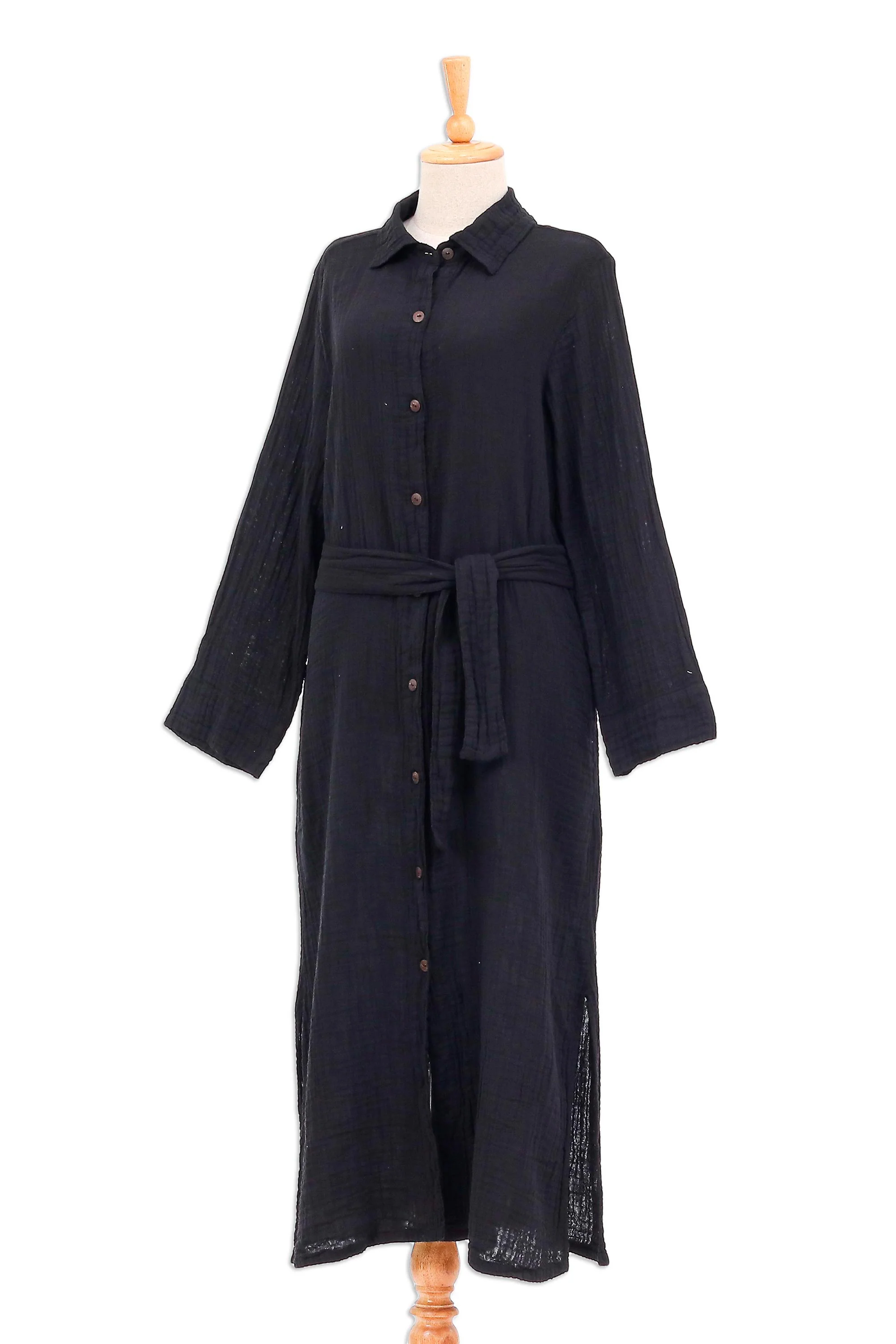 Street Smarts in Black Black Belted Cotton Shirtwaist Dress from Thailand - Image 5