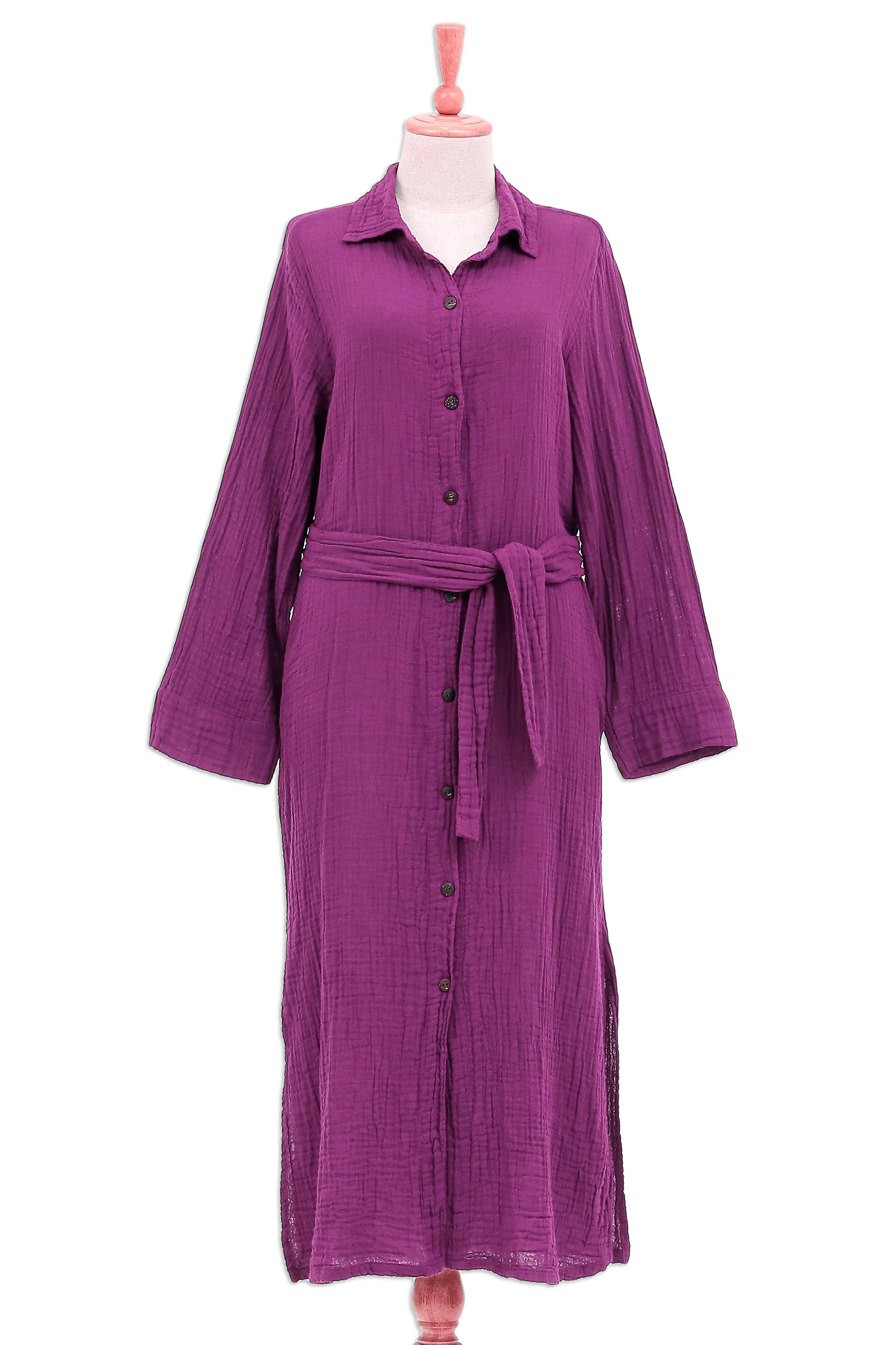 Street Smarts in Maroon Handmade Belted Cotton Shirtwaist Dress from Thailand - Image 2