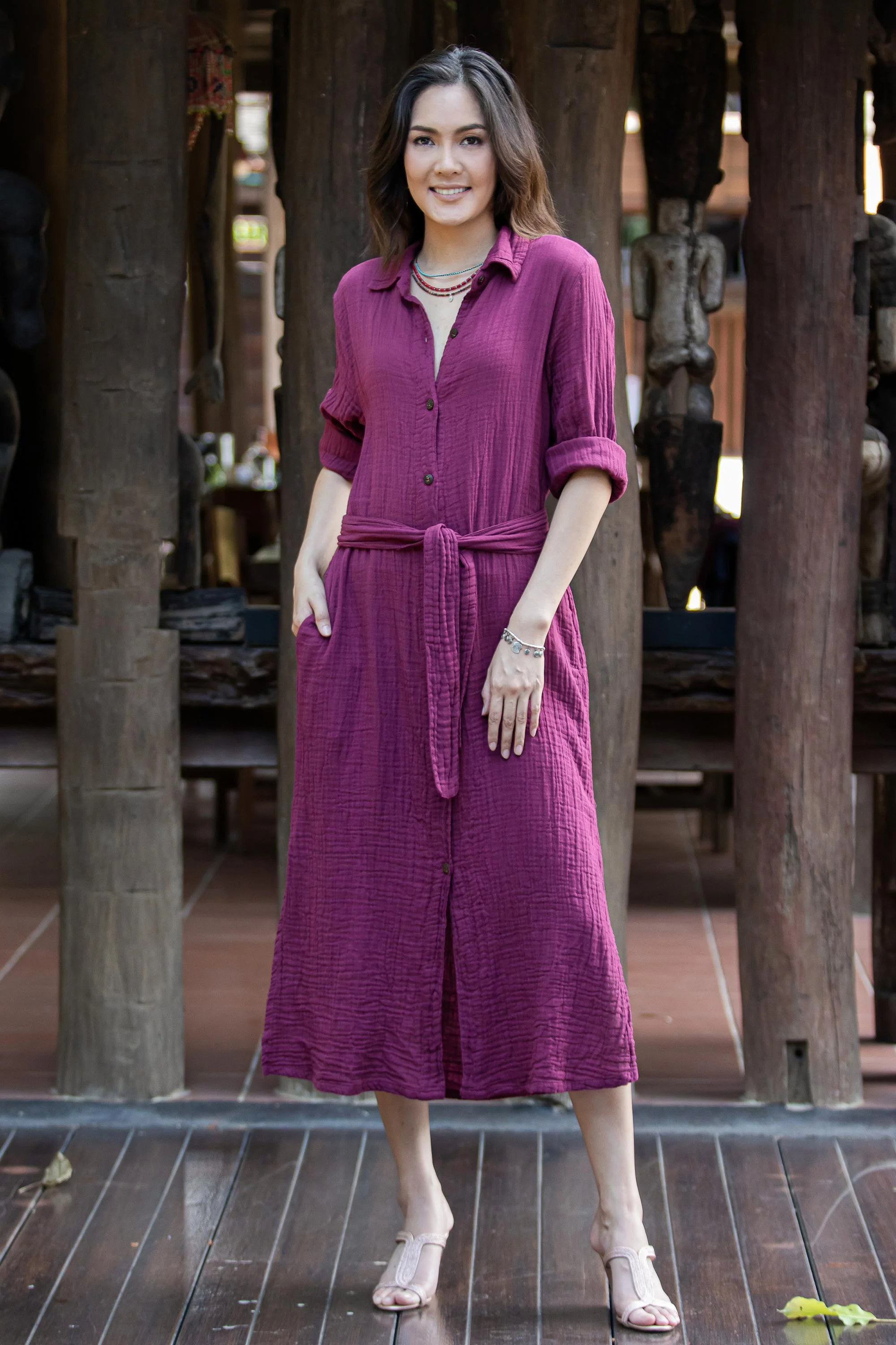 Street Smarts in Maroon Handmade Belted Cotton Shirtwaist Dress from Thailand - Image 3