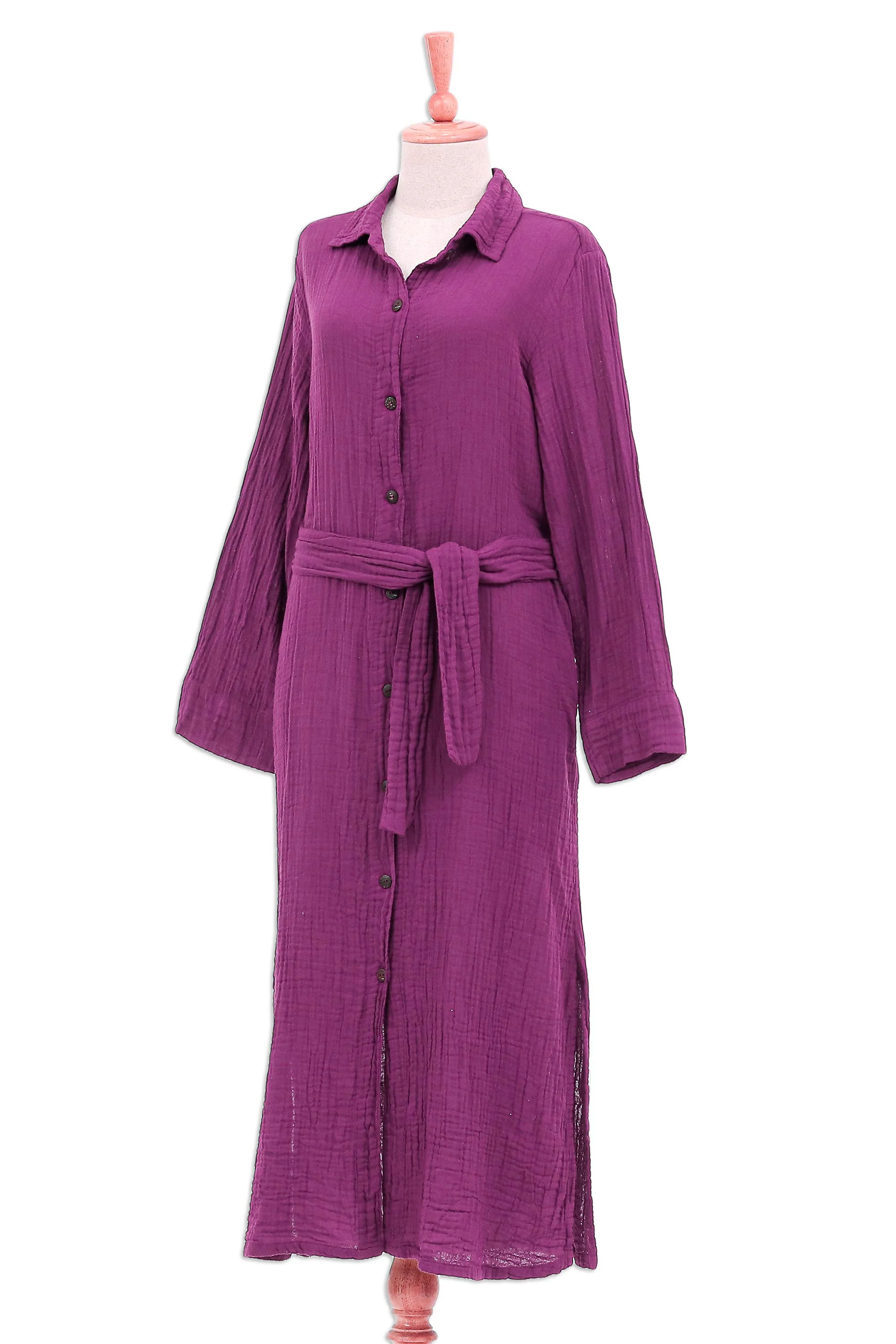 Street Smarts in Maroon Handmade Belted Cotton Shirtwaist Dress from Thailand - Image 4