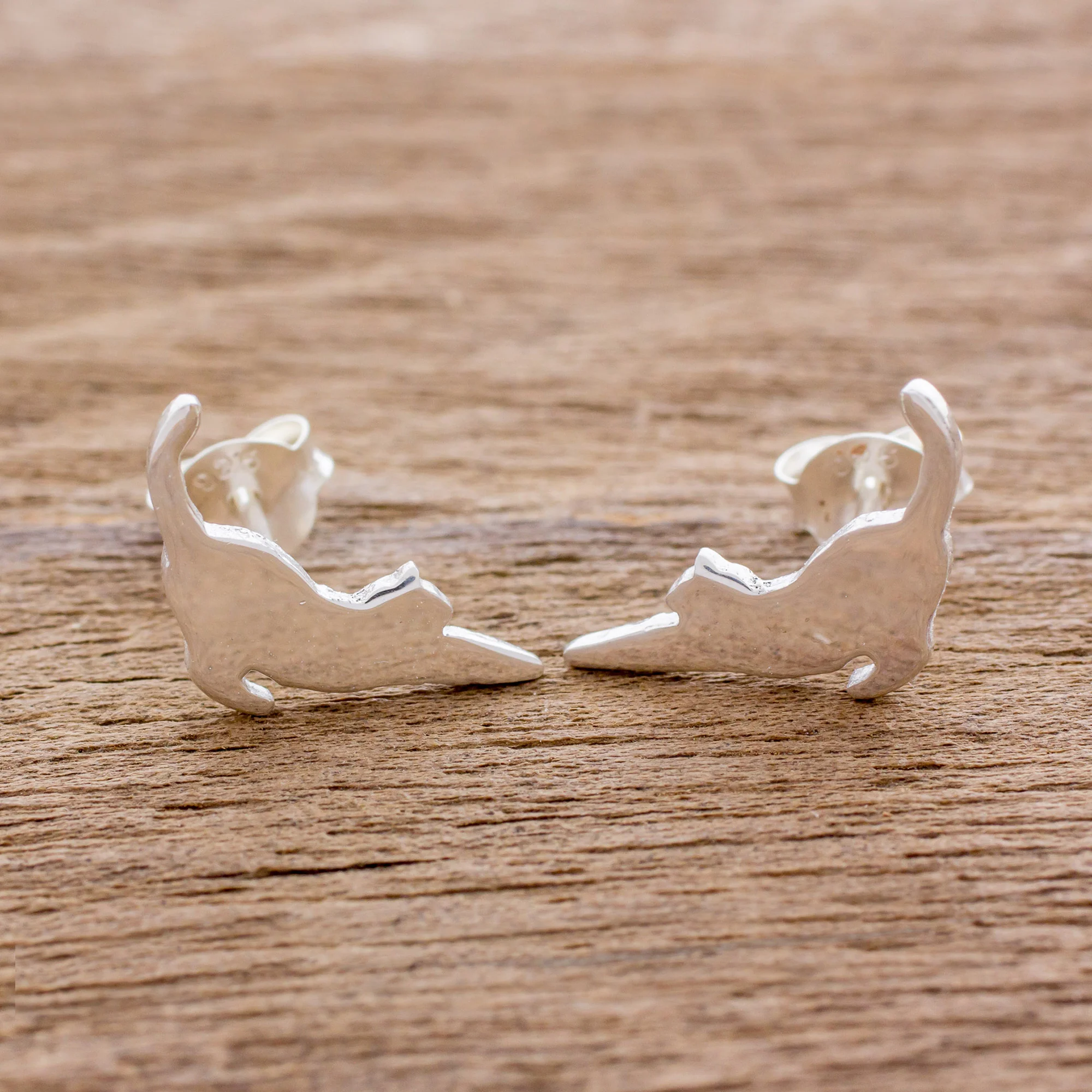 Stretching Cats Handcrafted Sterling Silver Stretching Cat Button Earrings - Image 3