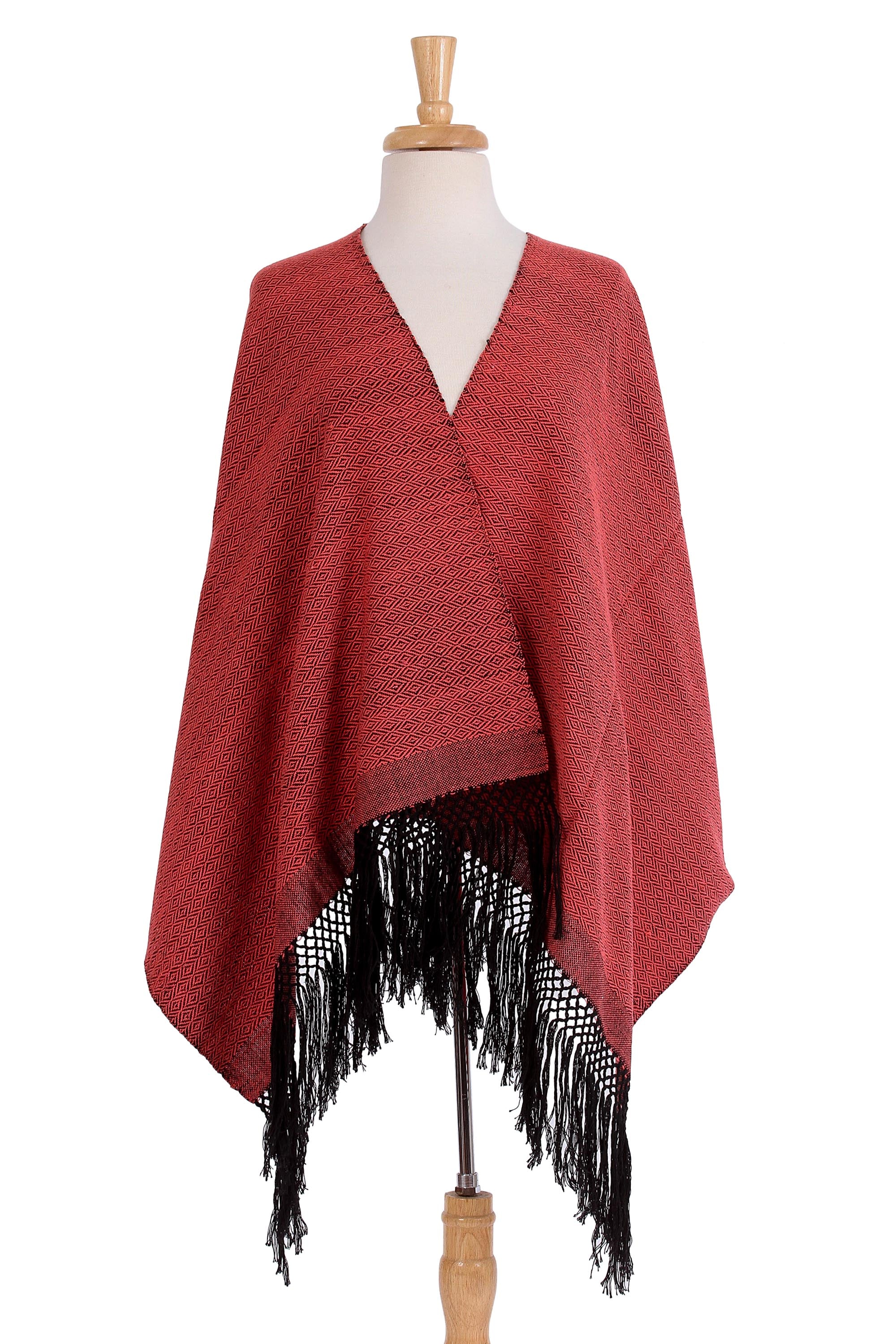 Striped Diamonds in Red Handwoven Red and Black Diamond Striped Cotton Rebozo - Image 2