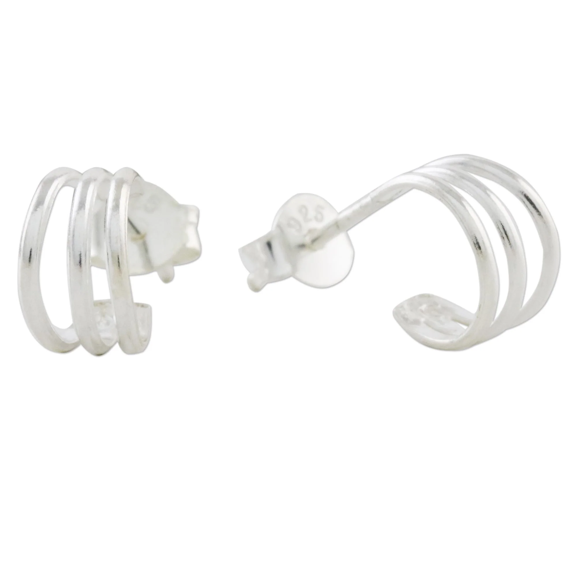 Stripes of Light High-Polish Sterling Silver Half-Hoop Earrings from Thailand - Image 4