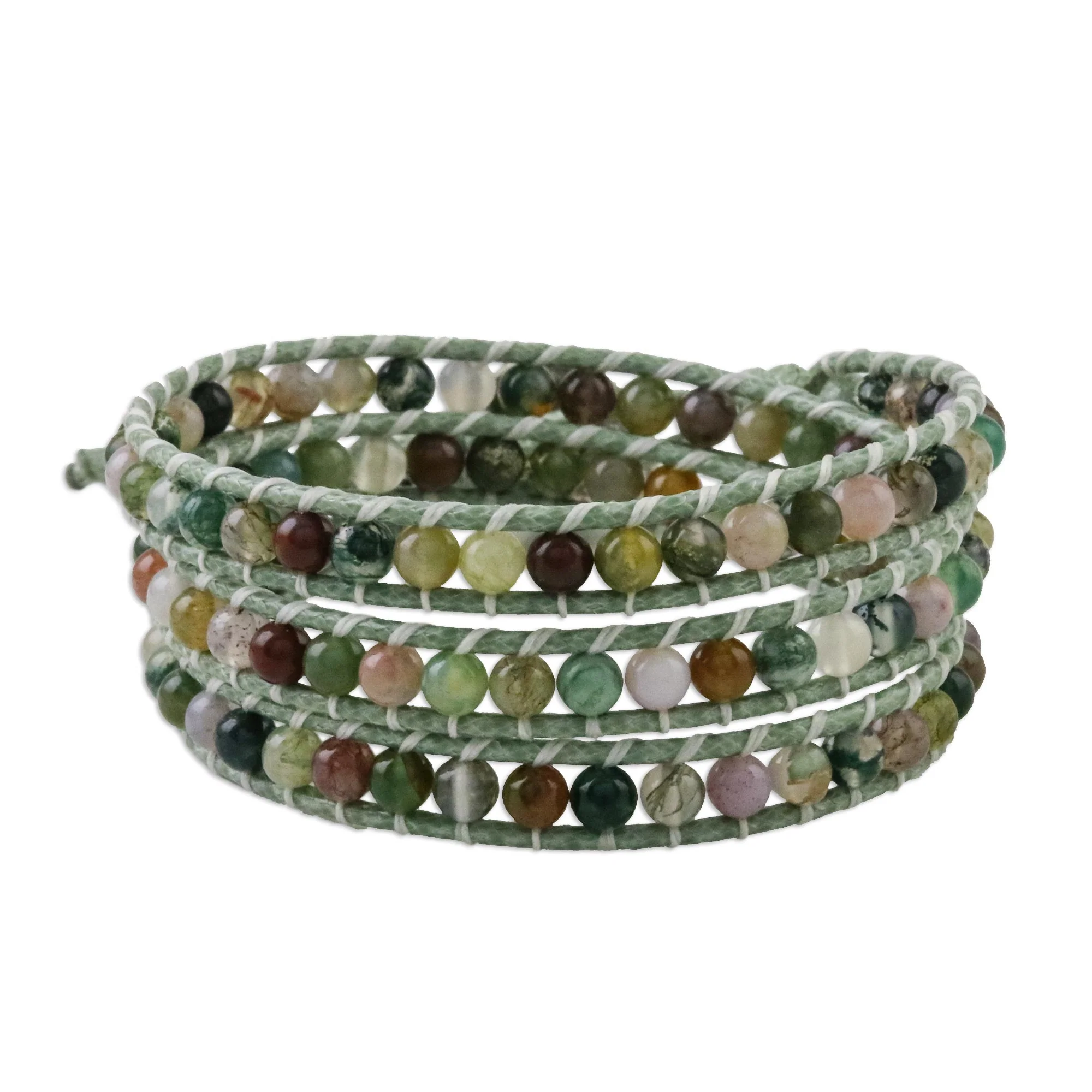 Stroll Through Nature Unisex Agate Bead and Karen Silver Button Wrap Bracelet - Image 2