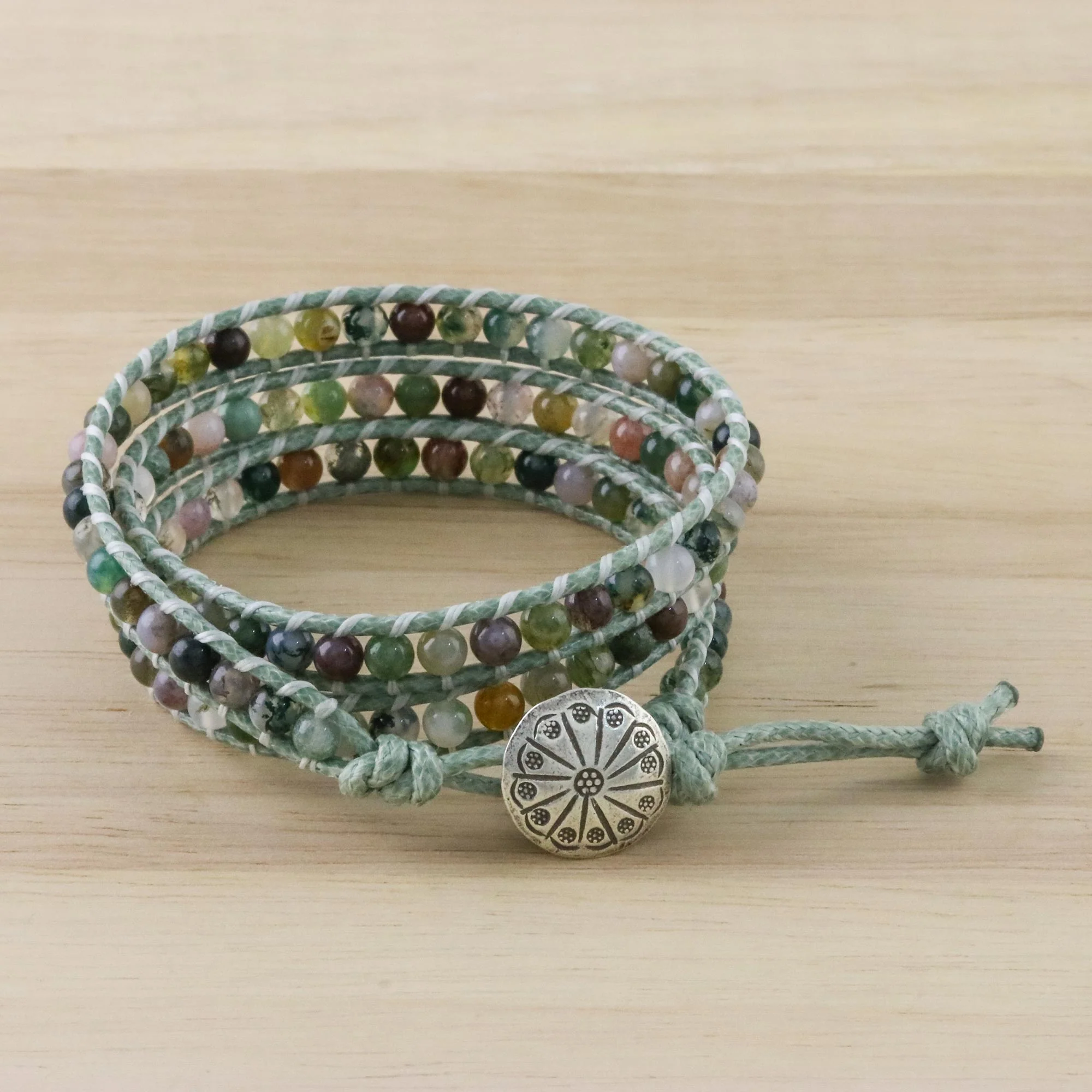 Stroll Through Nature Unisex Agate Bead and Karen Silver Button Wrap Bracelet - Image 4