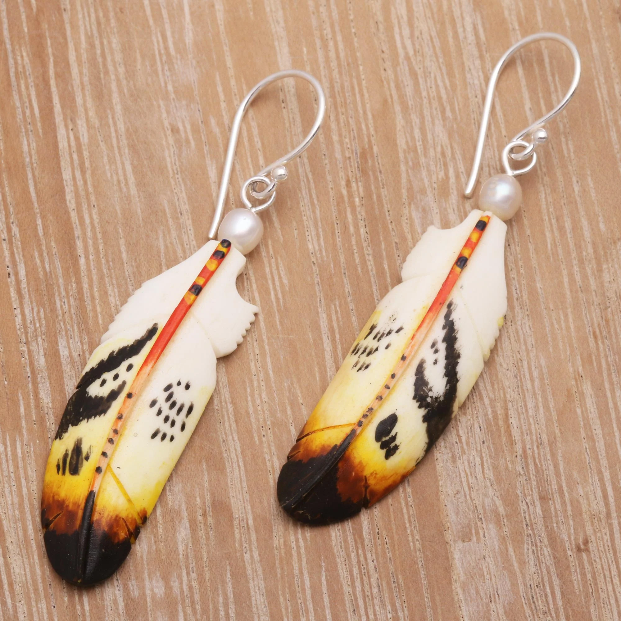 Stunning Feathers Bone and Cultured Pearl Feather Dangle Earrings from Bali - Image 4