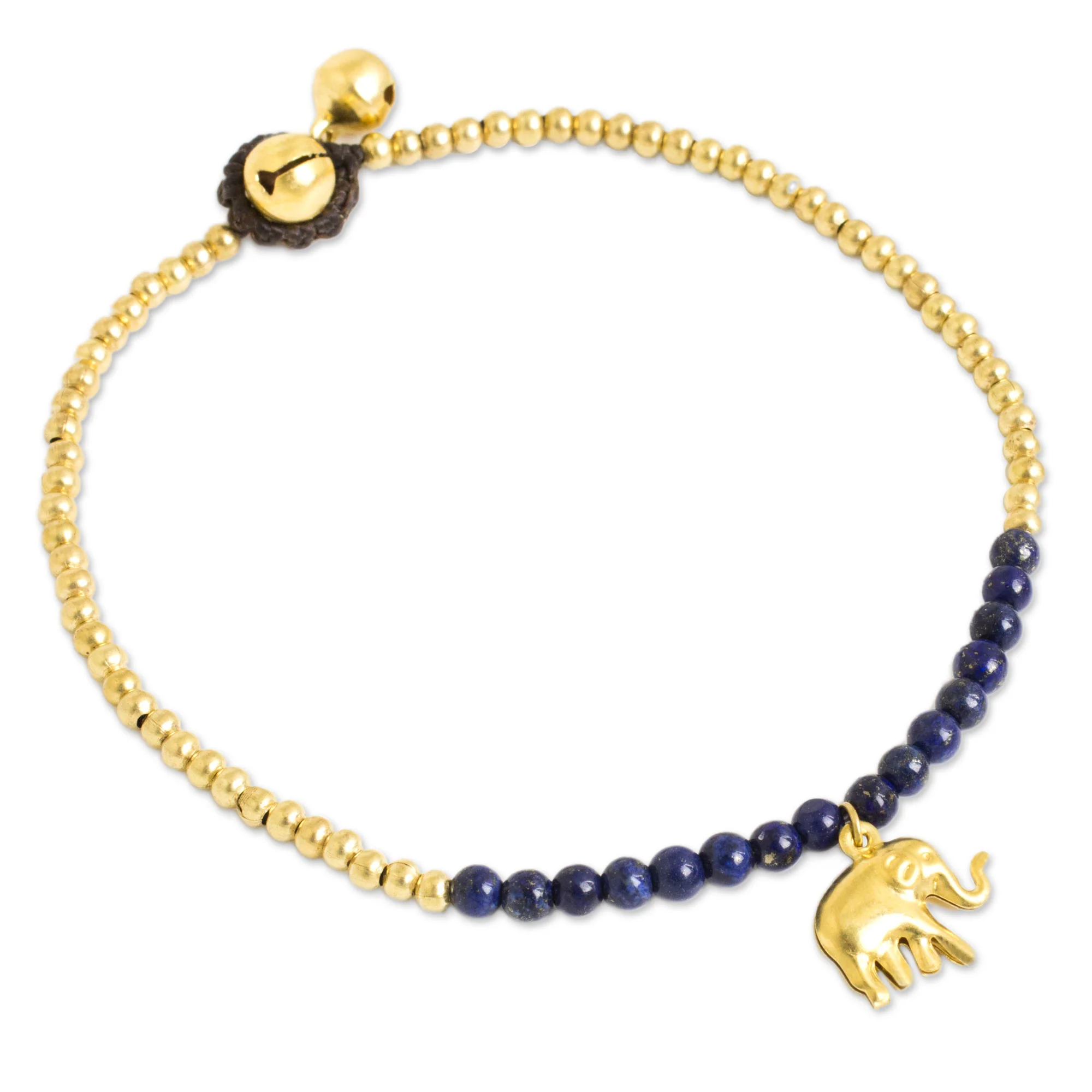 Stylish Elephant Lapis Lazuli Elephant Charm Beaded Brass Anklet - Image 2