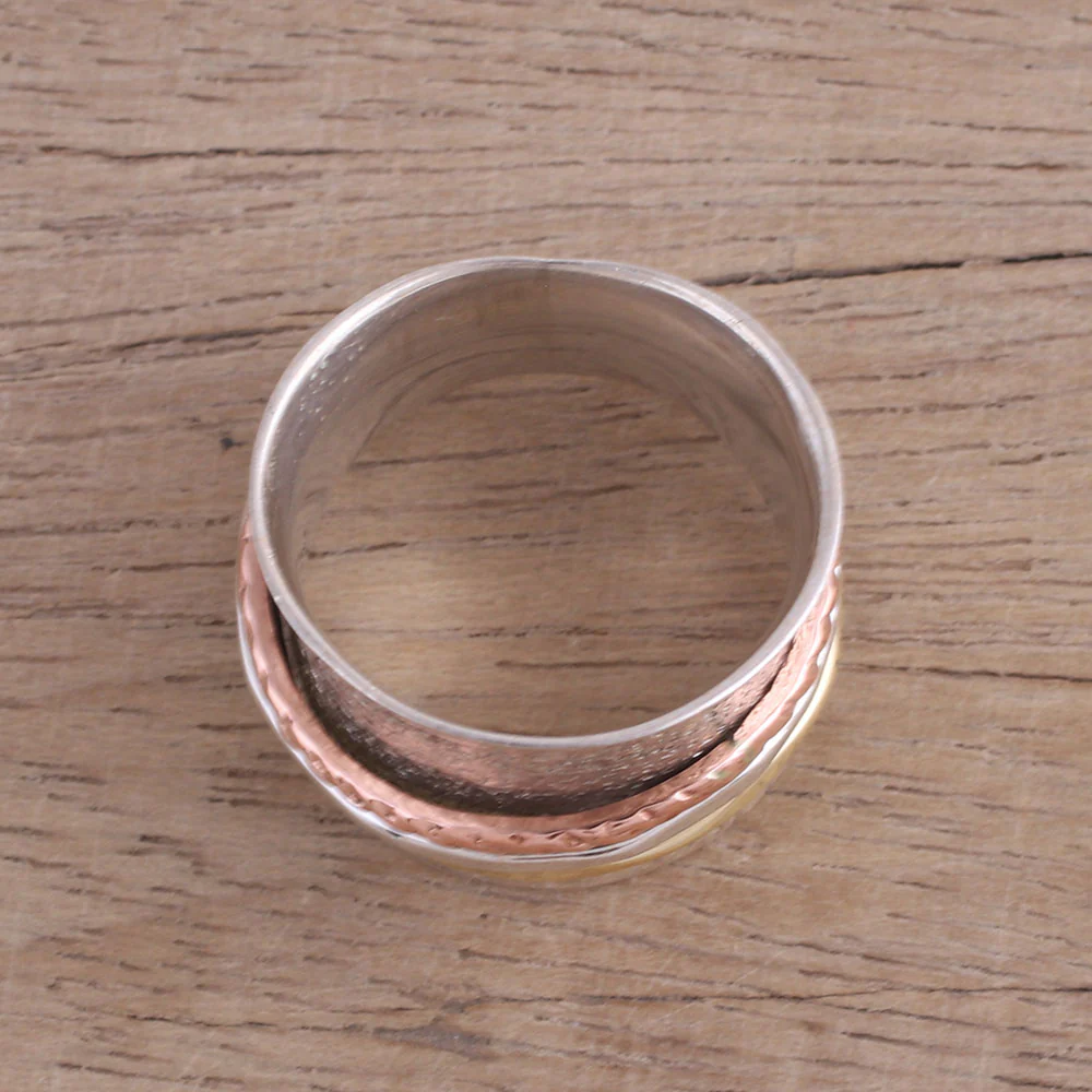 Stylish Textures Sterling Silver India Meditation Ring with Copper and Brass - Image 3