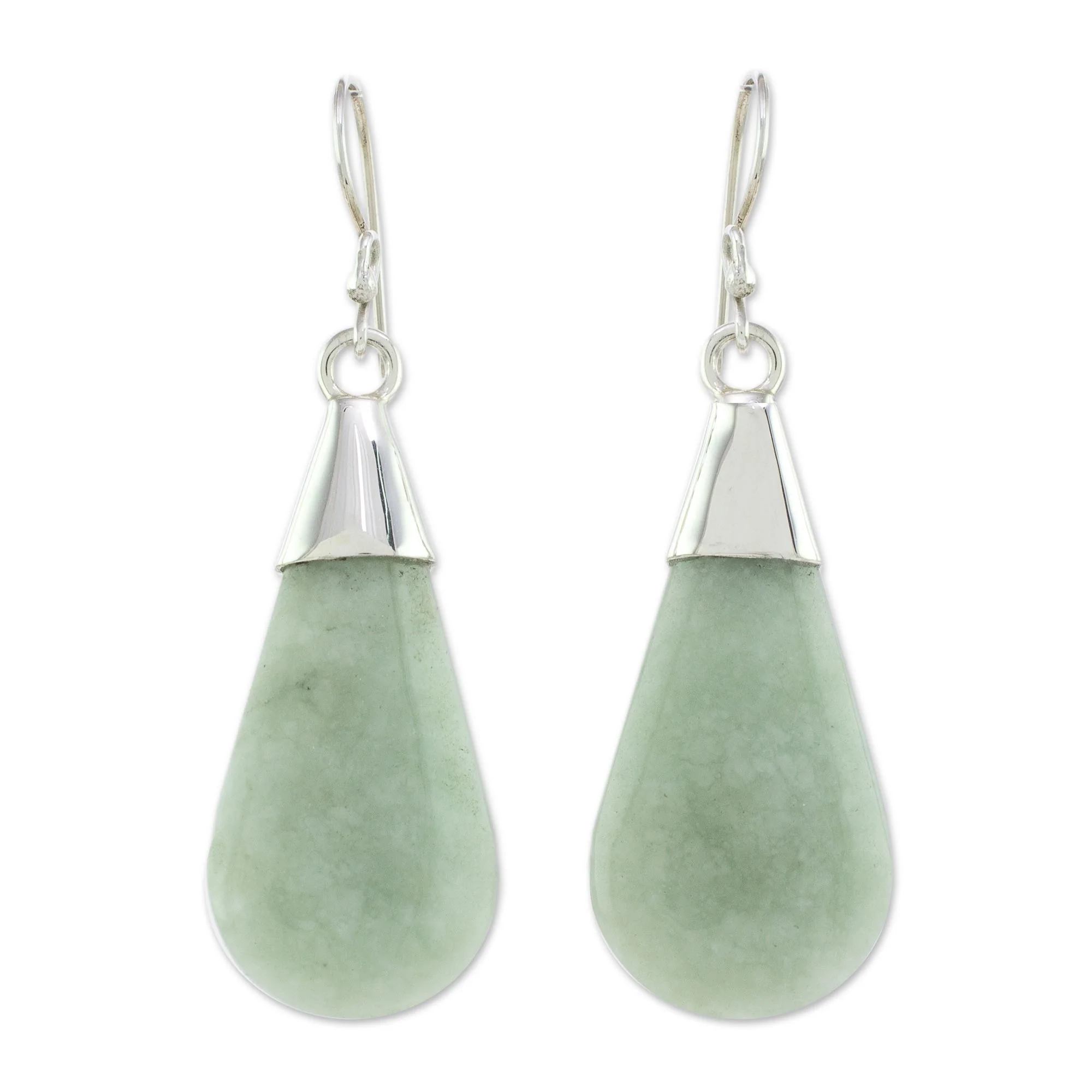 Subtle Dewdrops Pale Green Jade and Sterling Silver Teardrop Dangle Earrings - Image 2