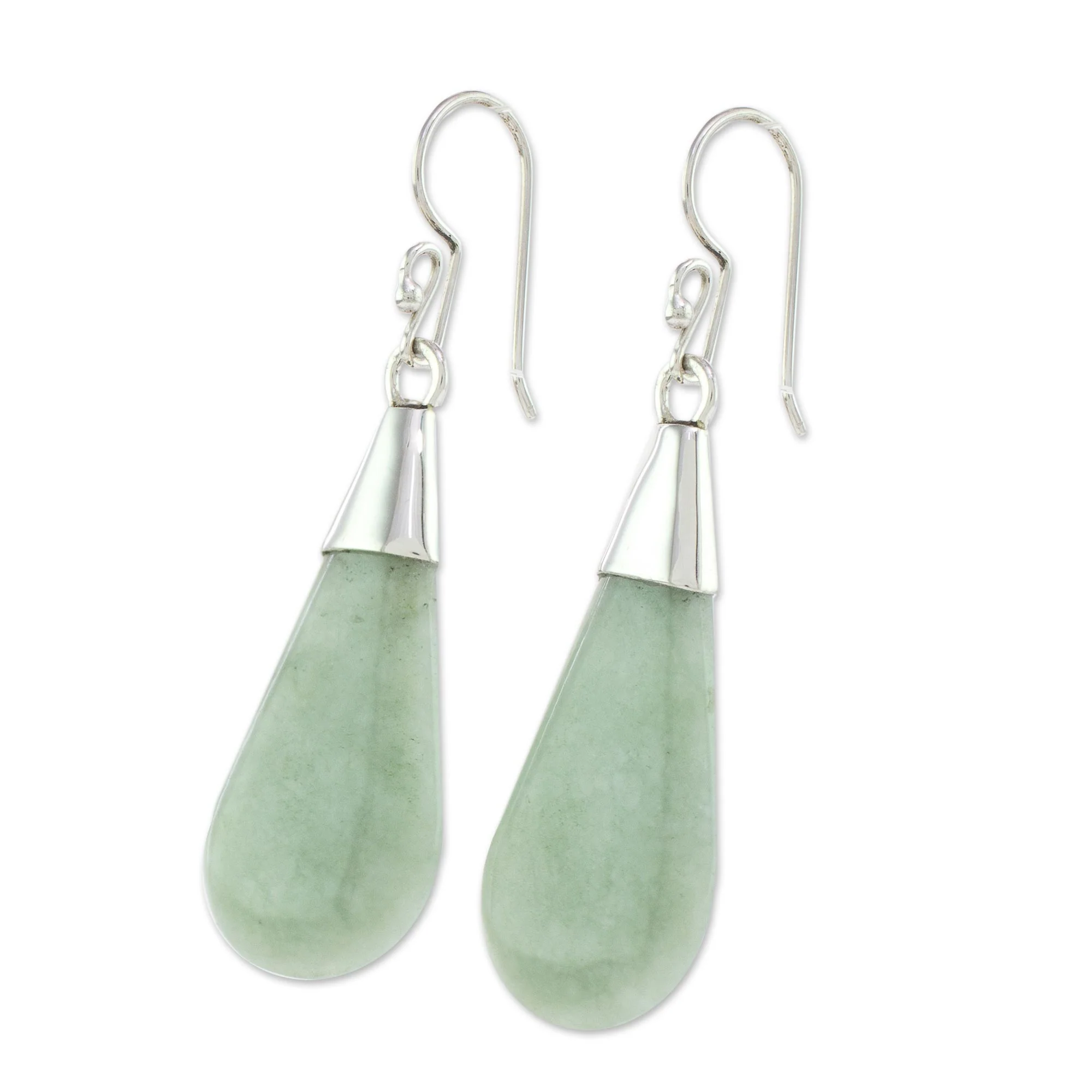 Subtle Dewdrops Pale Green Jade and Sterling Silver Teardrop Dangle Earrings - Image 4