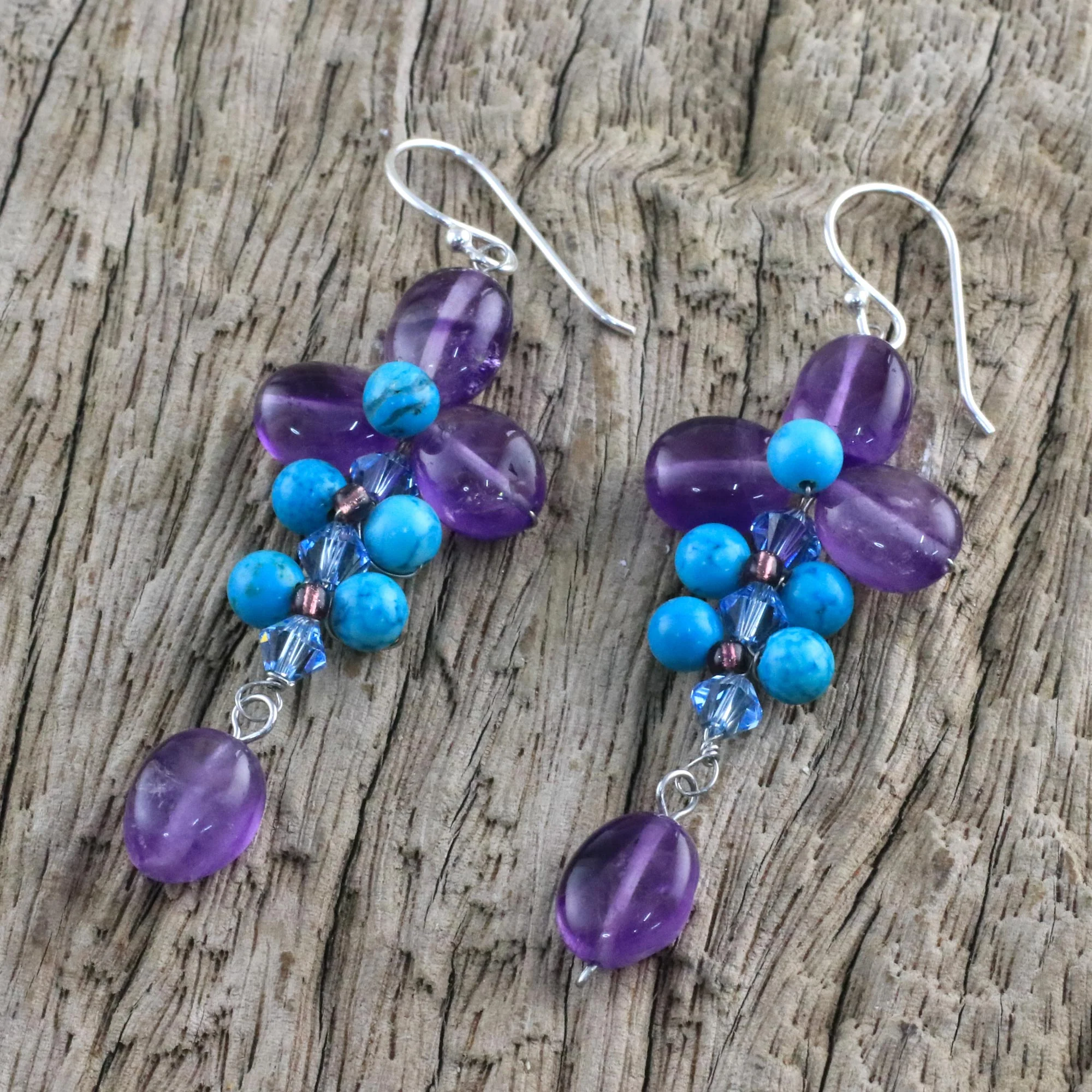 Succulent Vines Amethyst and Calcite Dangle Earrings from Thailand - Image 3