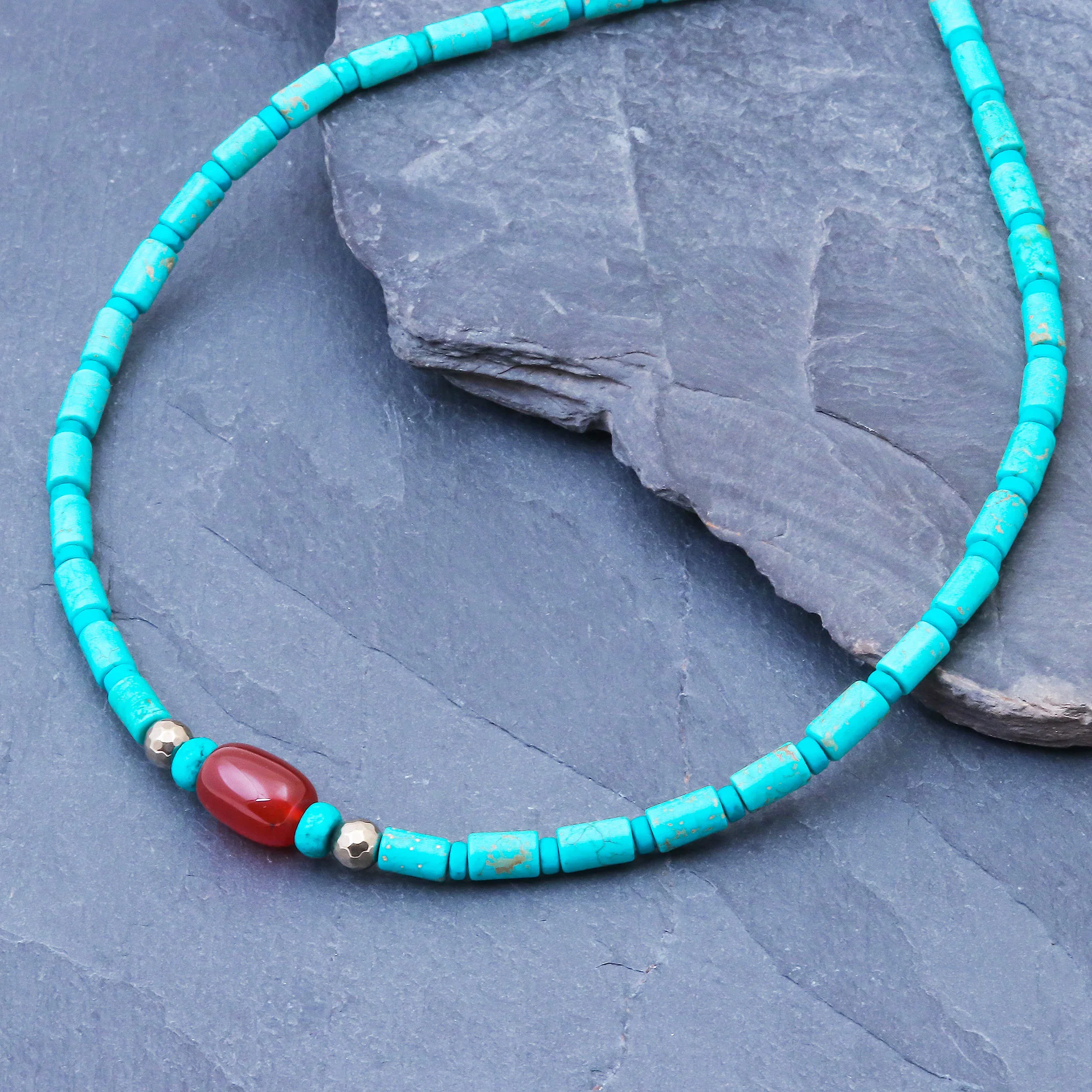 Summer Morning Carnelian and Reconstituted Turquoise Beaded Necklace - Image 3
