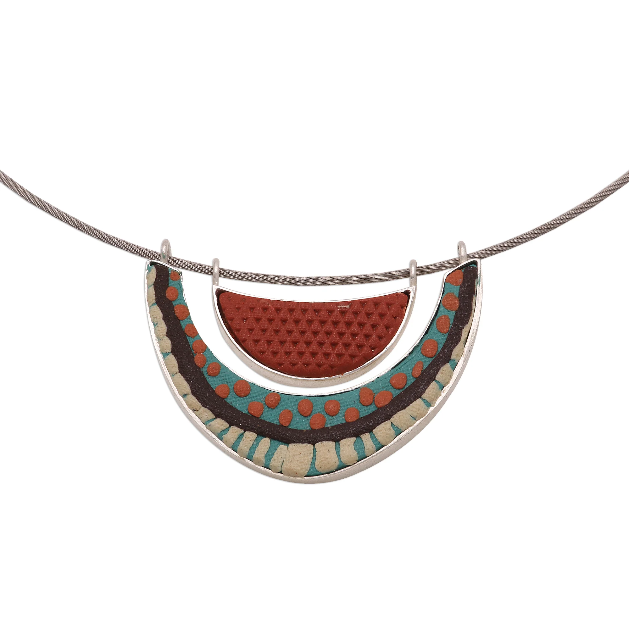 Summery Dots Sterling Silver and Polymer Clay Pendant Choker Necklace - Image 2