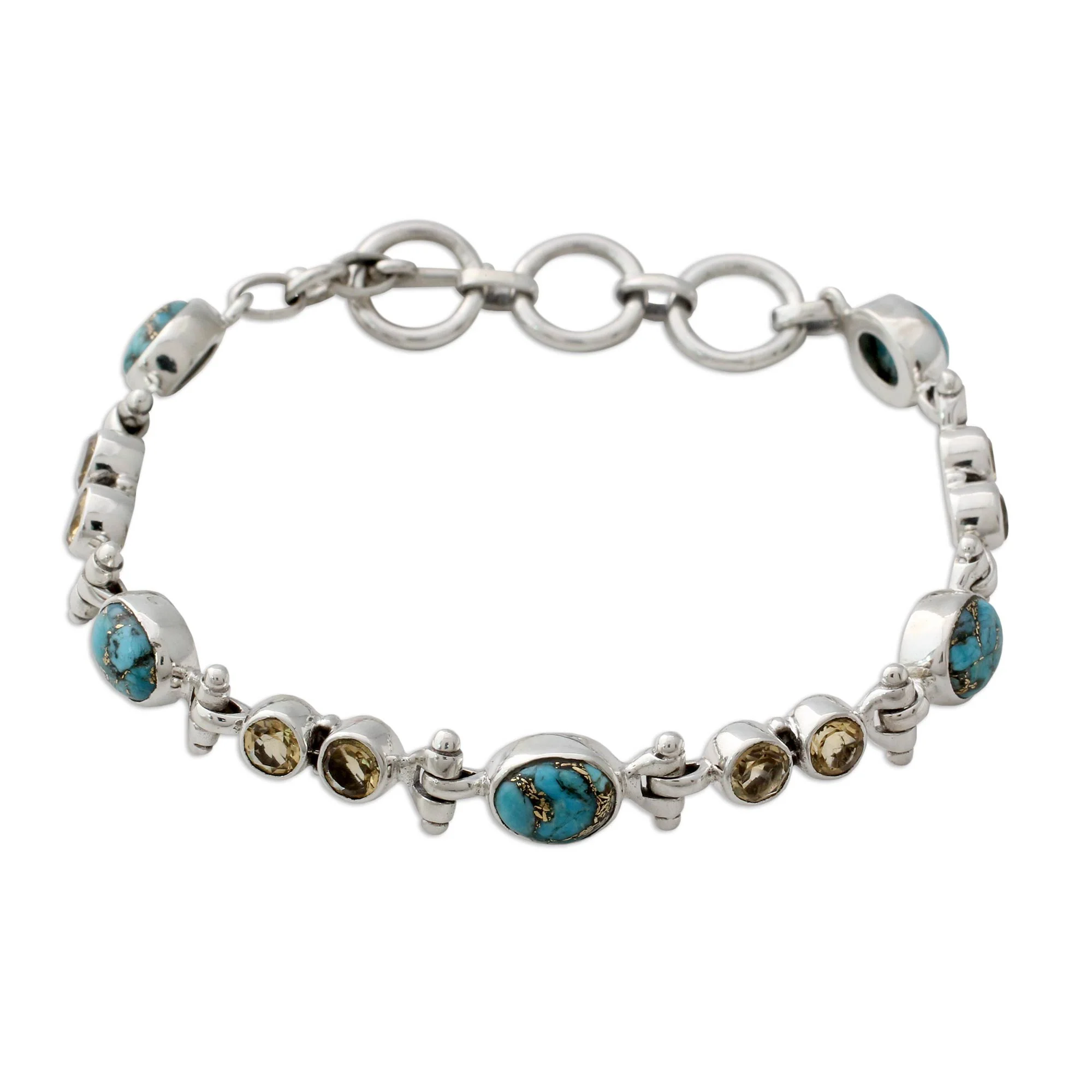 Sun and Earth Citrine and Reconstituted Turquoise Silver Link Bracelet - Image 2