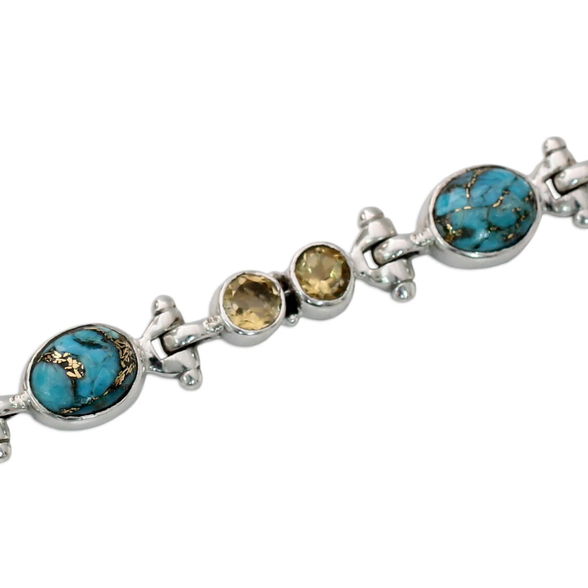 Sun and Earth Citrine and Reconstituted Turquoise Silver Link Bracelet - Image 4