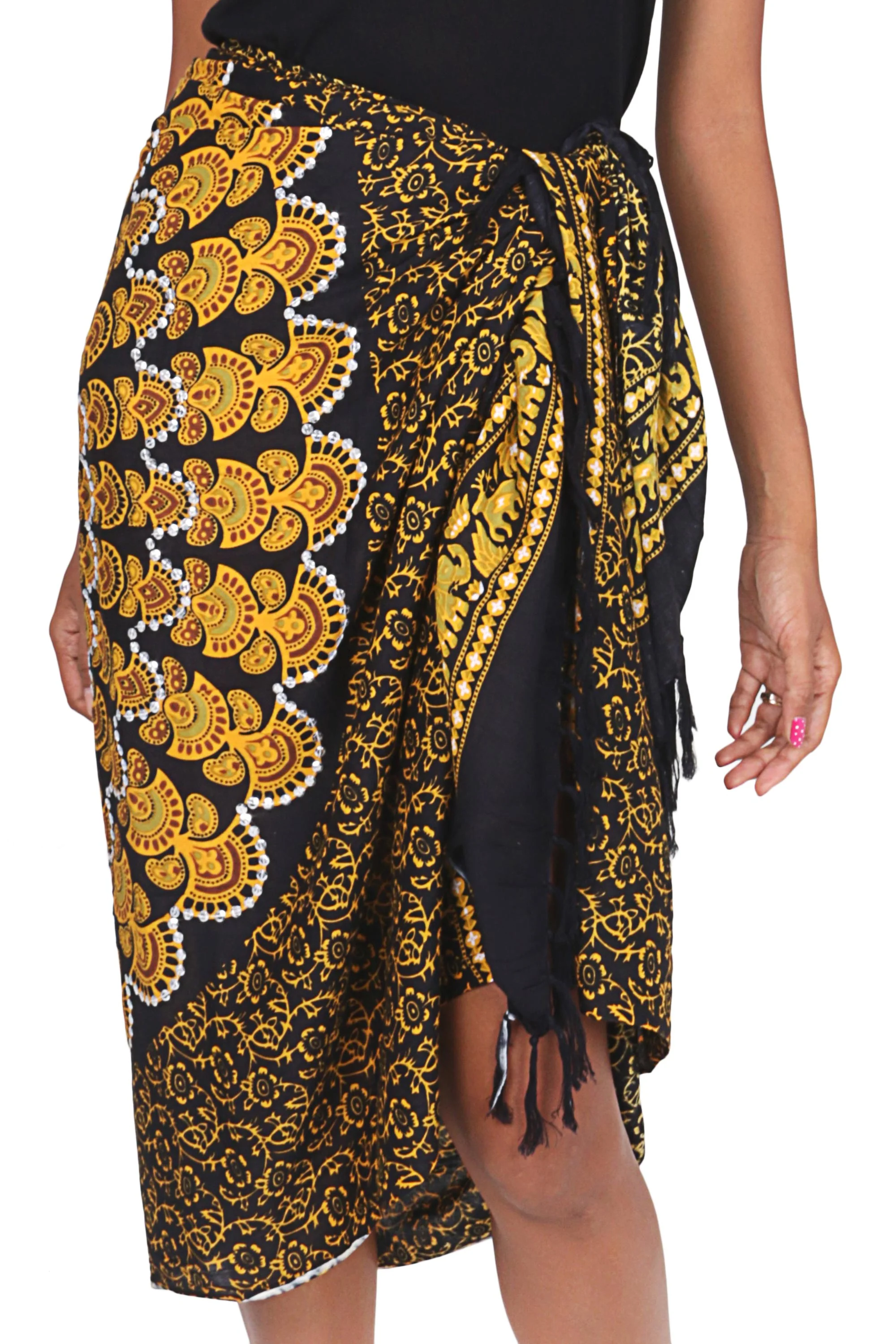 Sun and Sand Deer and Elephant Floral Pattern Sequined Rayon Sarong - Image 4