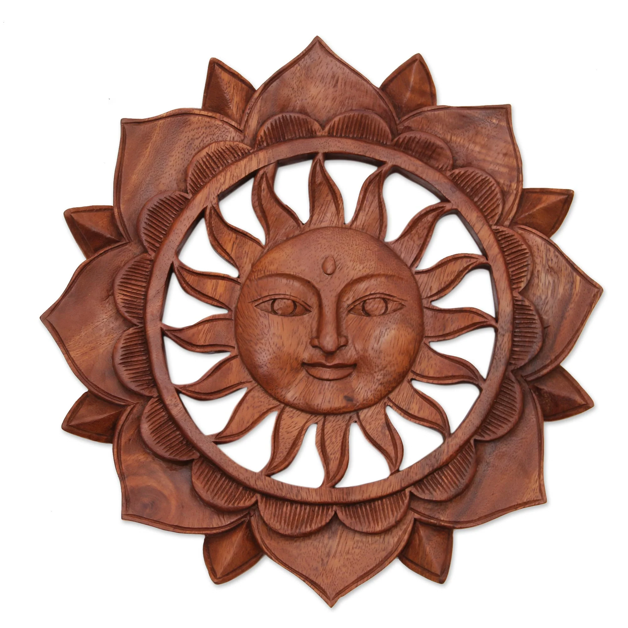 Sun Flower Floral Sun-Themed Suar Wood Relief Panel from Bali - Image 2