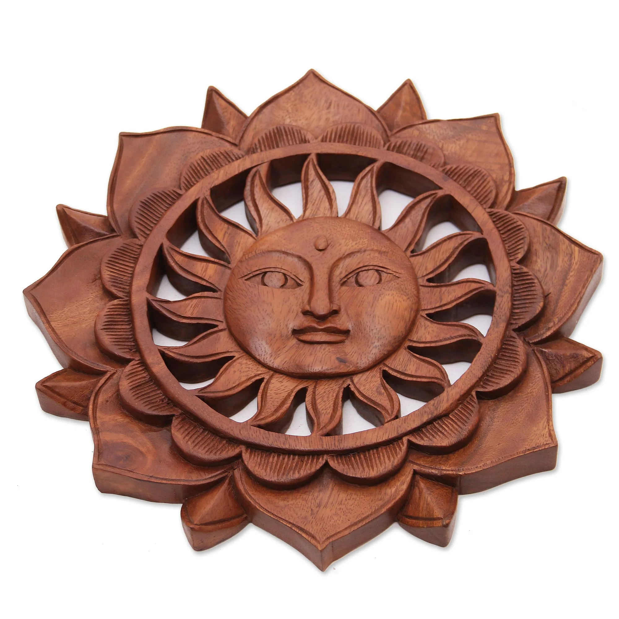 Sun Flower Floral Sun-Themed Suar Wood Relief Panel from Bali - Image 3