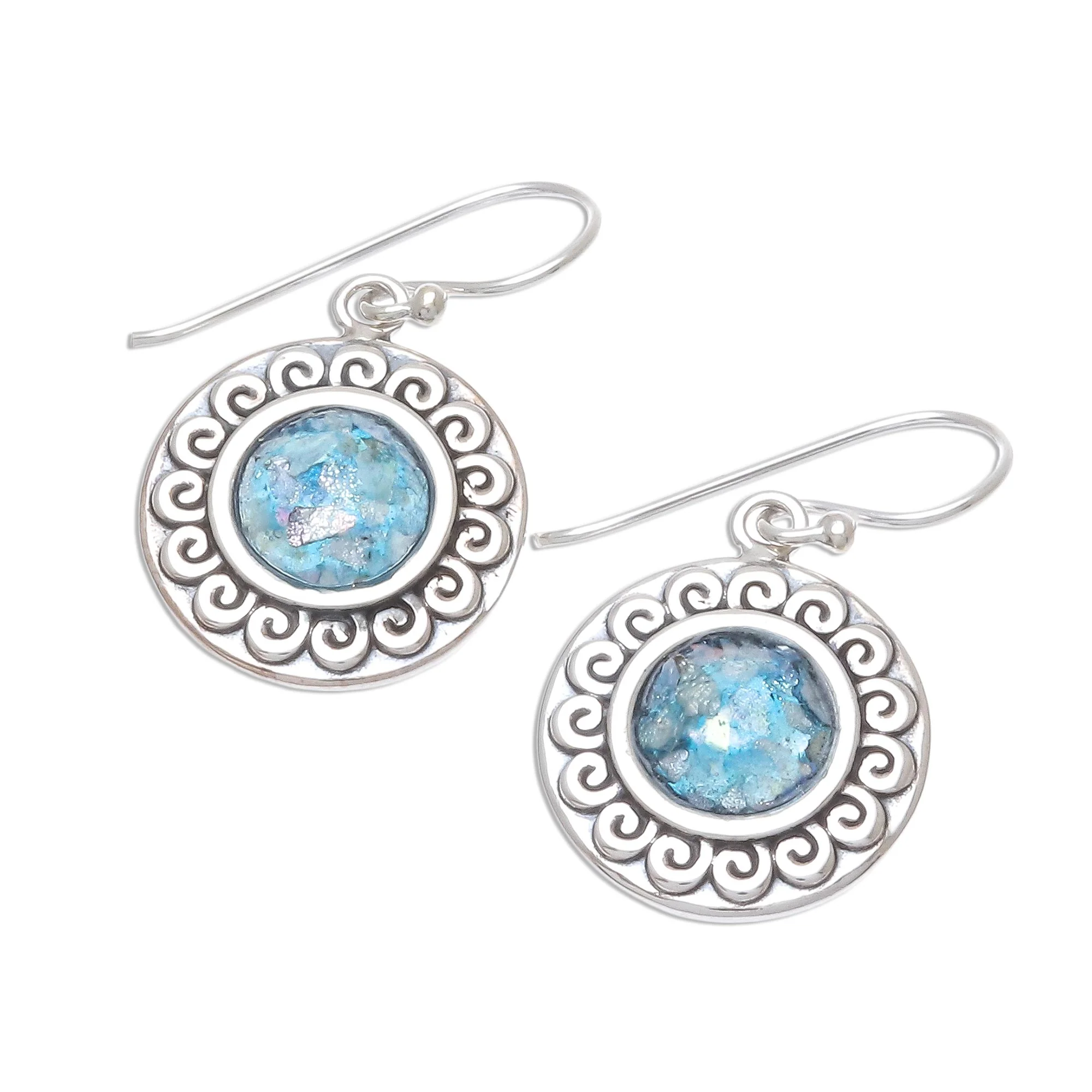 Sun of the Sea Curl Pattern Roman Glass Dangle Earrings from Thailand - Image 4