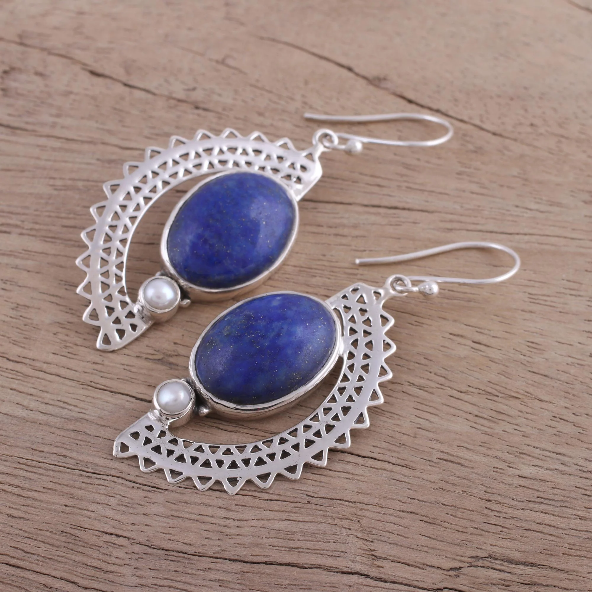 Sun Ray Crescents Lapis Lazuli and Pearl Crescent Dangle Earrings from India - Image 3